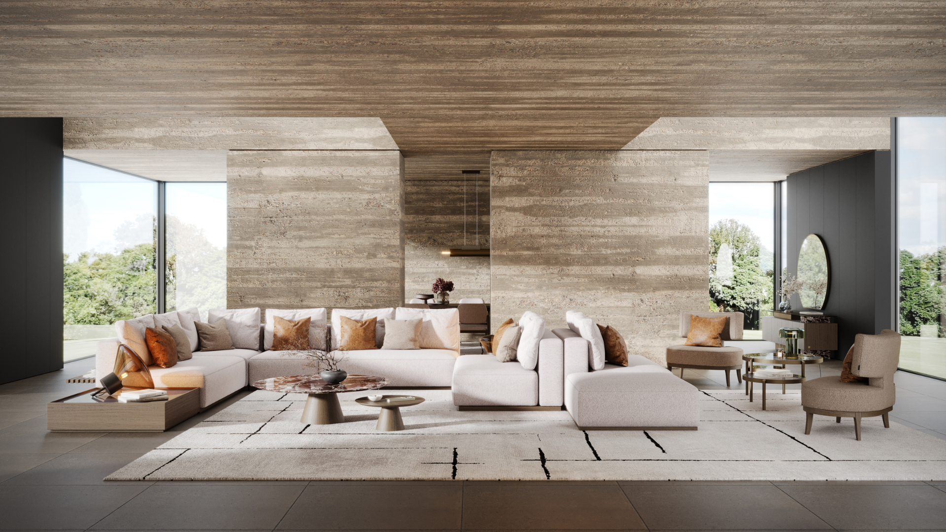 pacious living room with stone-textured walls, a fabric sectional sofa, suede and velvet pillows, and marble accents, uniting earthy tones with soft materials.