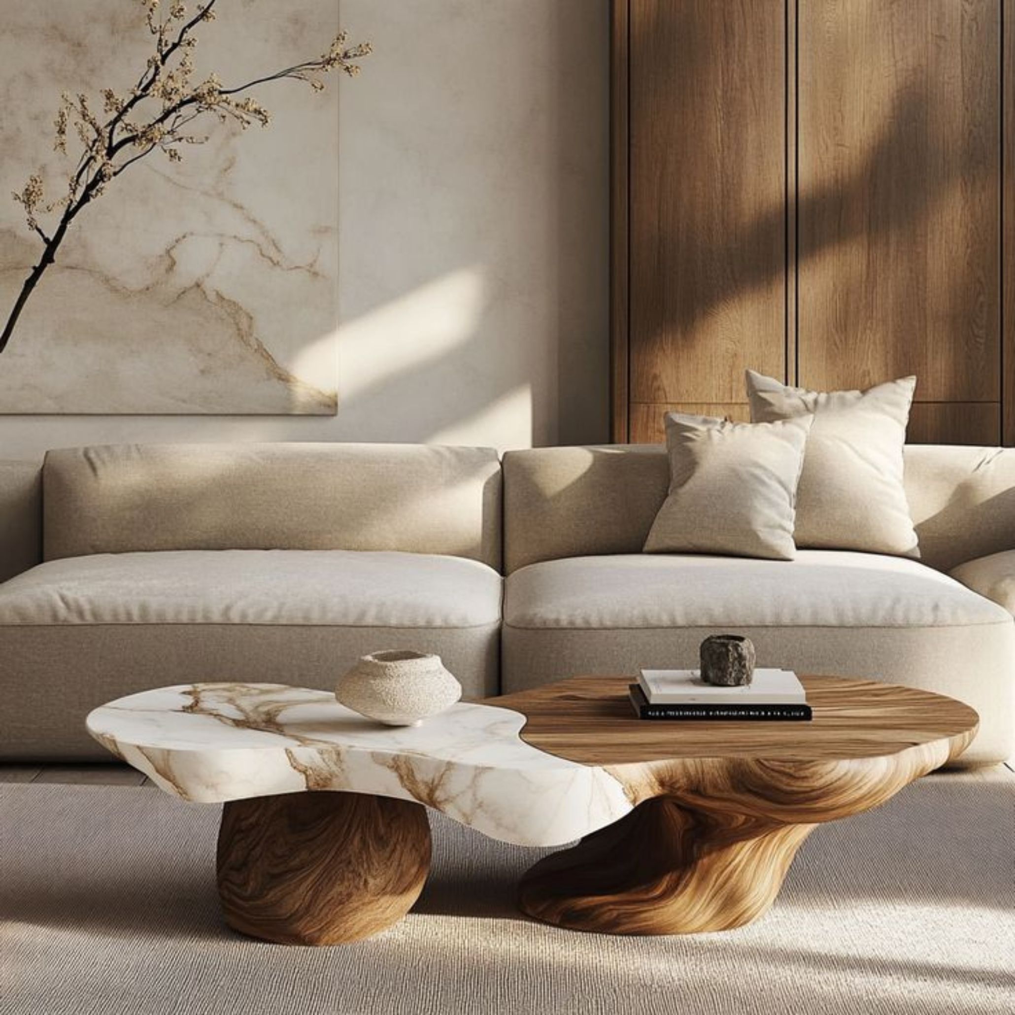 Sculptural coffee table combining marble and natural wood in an organic form, placed in a calm interior with neutral furnishings and wooden wall panels.