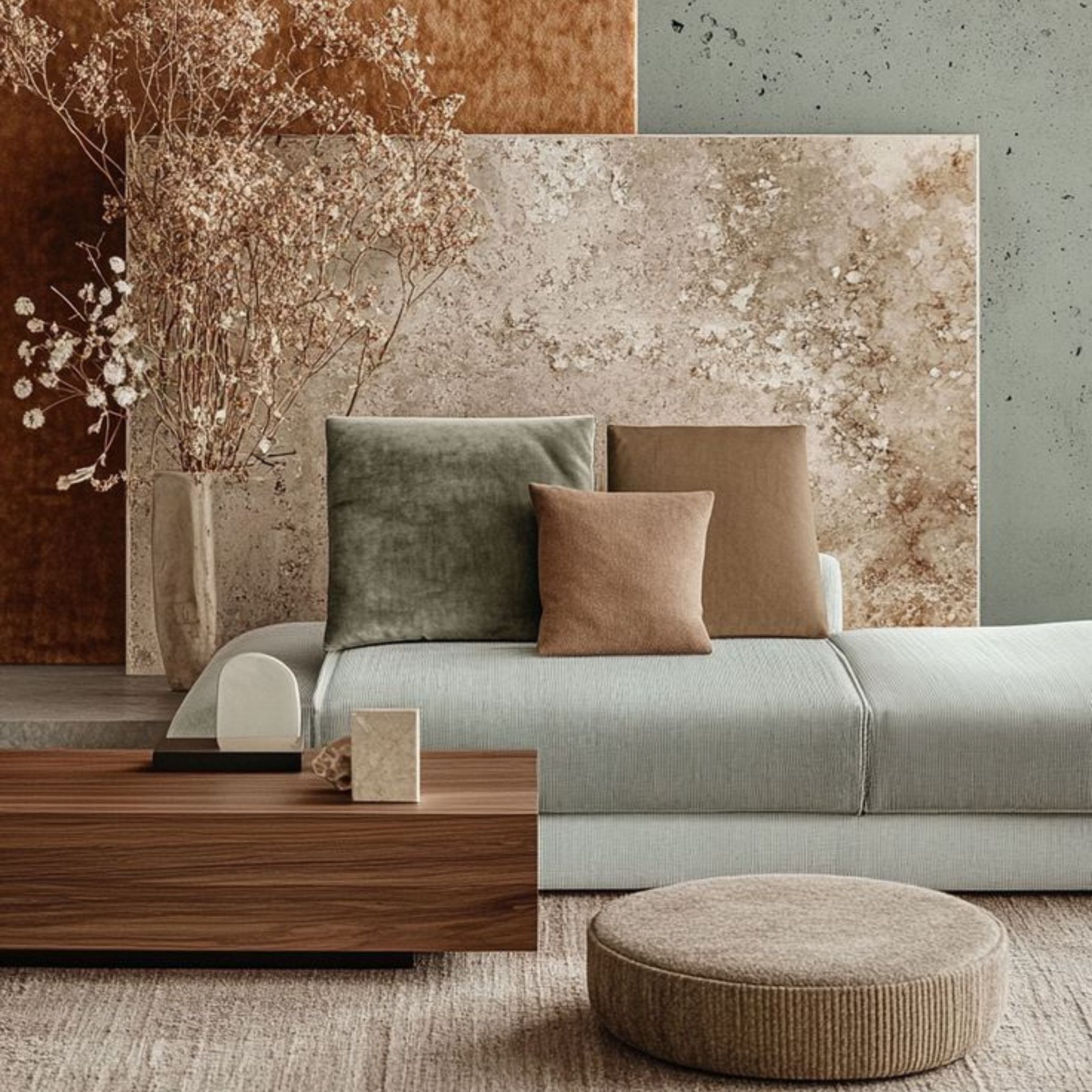 Neutral-toned lounge with a soft mint sofa, earth-toned cushions, wood coffee table, and textured wall panels, blending natural tones and tactile materials.