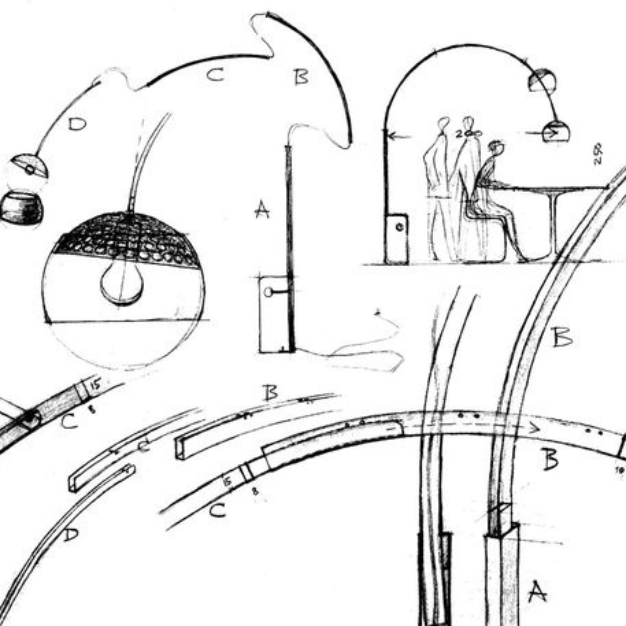 Sketches of the Arco Lamp showing detailed technical drawings, including the lamp’s marble base, arched stem, and dome-shaped shade.