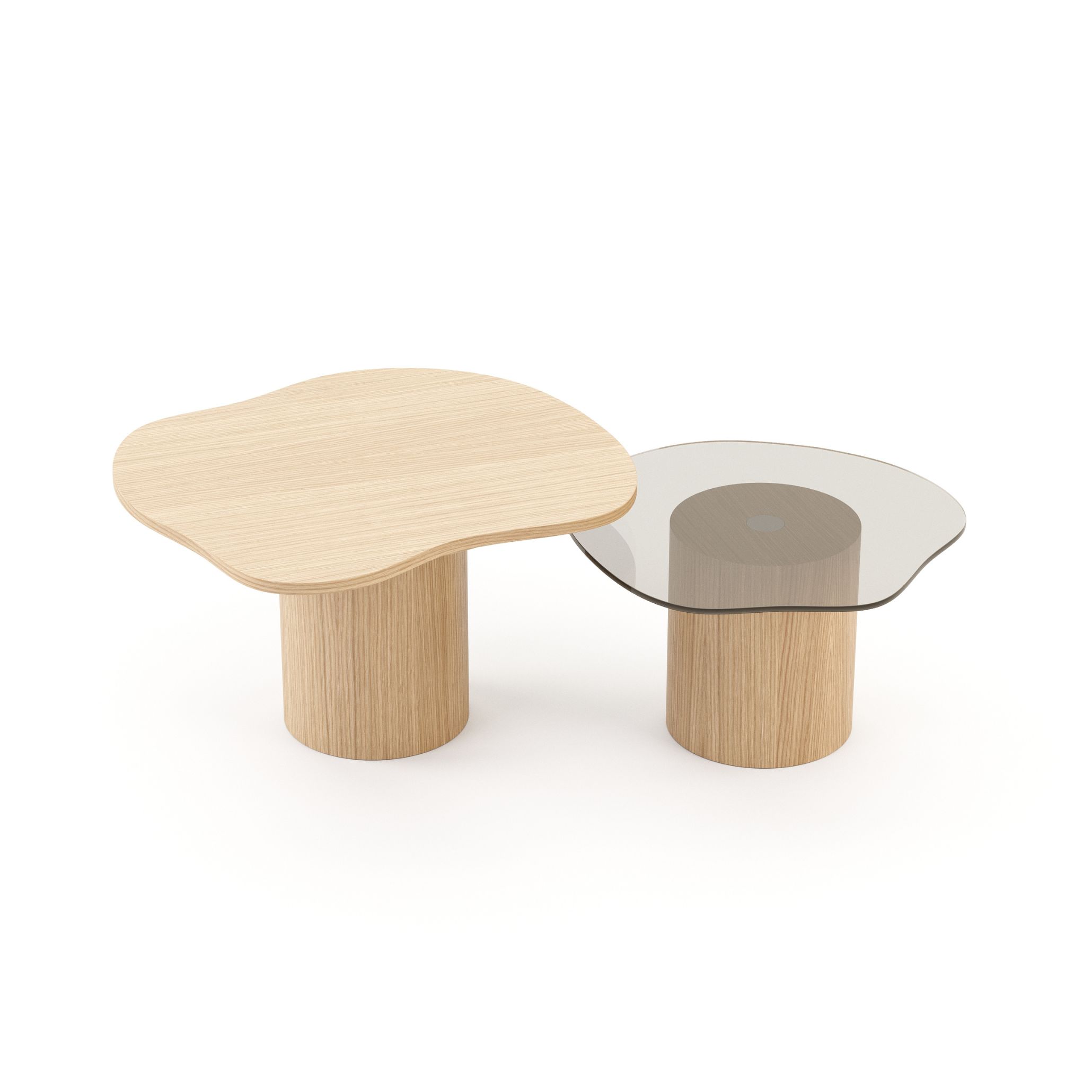 Modern set of two Natur Side Tables with soft organic lines—one with a wooden top and one with a glass top, highlighting smooth natural textures and minimalist design.