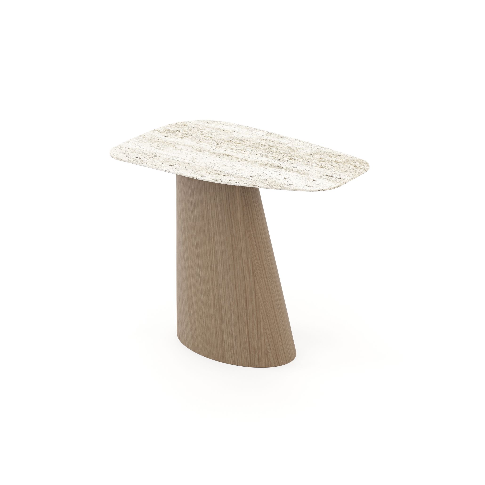 Minimalist Stone Side Table with a sculpted wooden base and a textured stone top, reflecting earthy sophistication and elegant asymmetry.