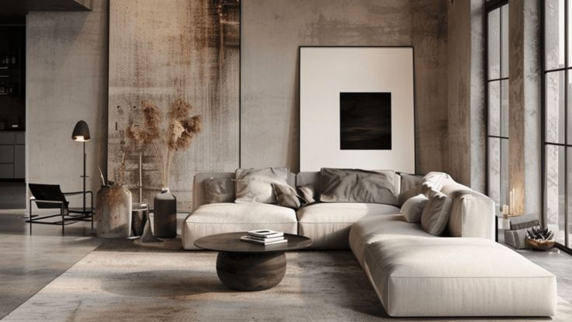 Warm and serene urban interior featuring a neutral curved sofa and a rounded dark wood coffee table, with raw textures and muted tones creating depth.