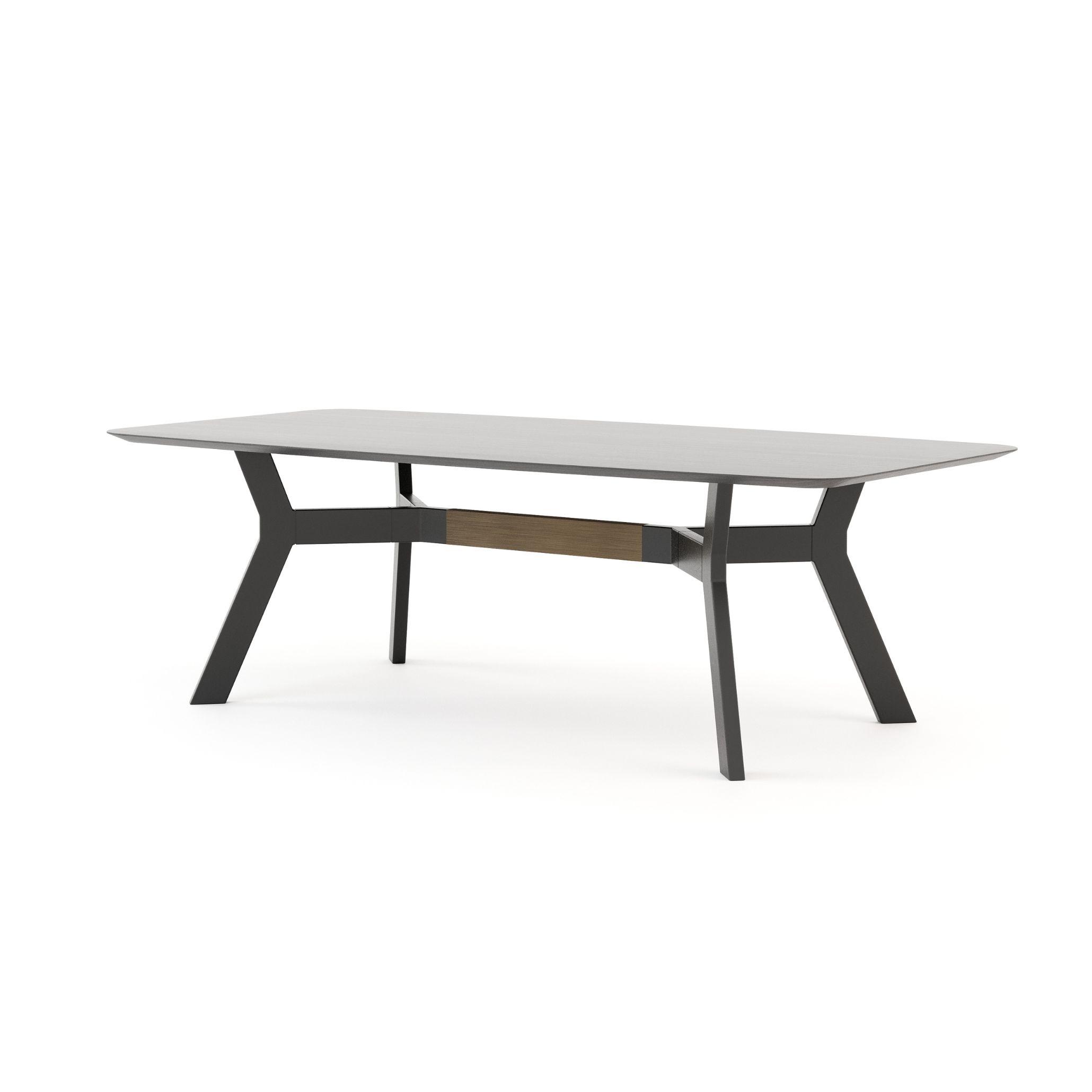 Sleek and structured modern Toro Dining Table with angular black legs and a wooden accent beam, combining architectural form with minimalist design.