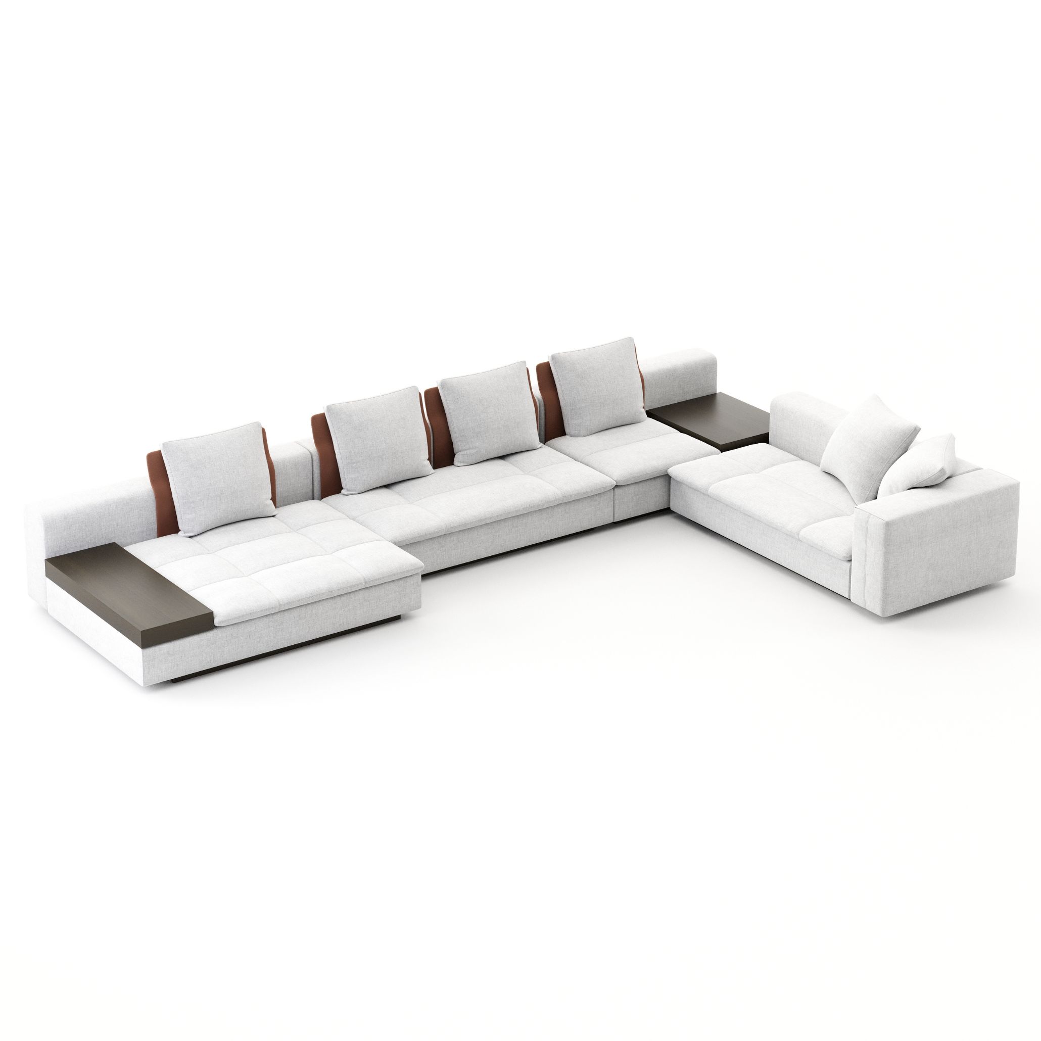 The Margem Modular sofa with integrated wooden details and contrasting upholstery, designed for versatility and contemporary comfort in dynamic interiors.