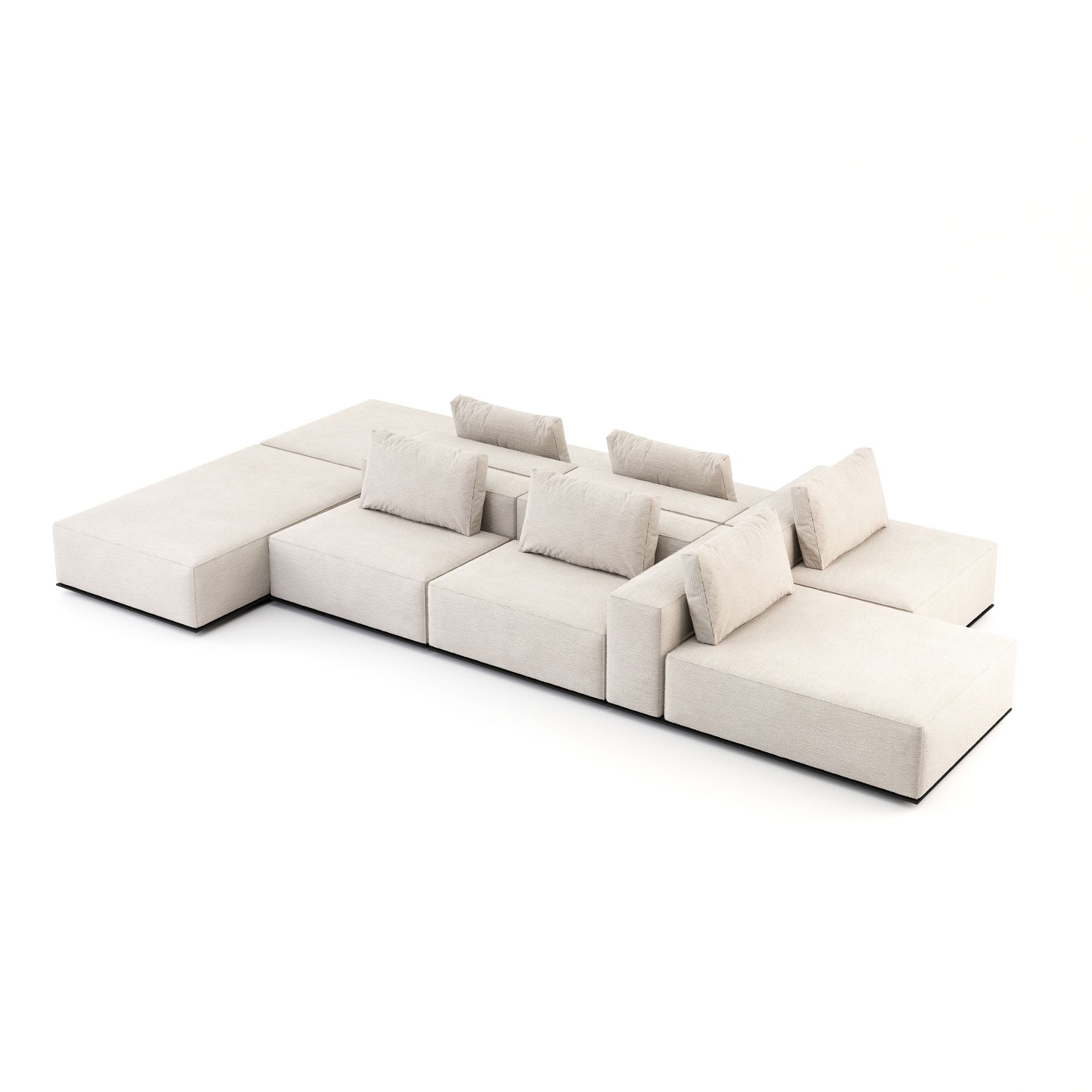 Landform configurable sofa with minimalist cushions and moveable backrests, blending sculptural presence with functional adaptability.