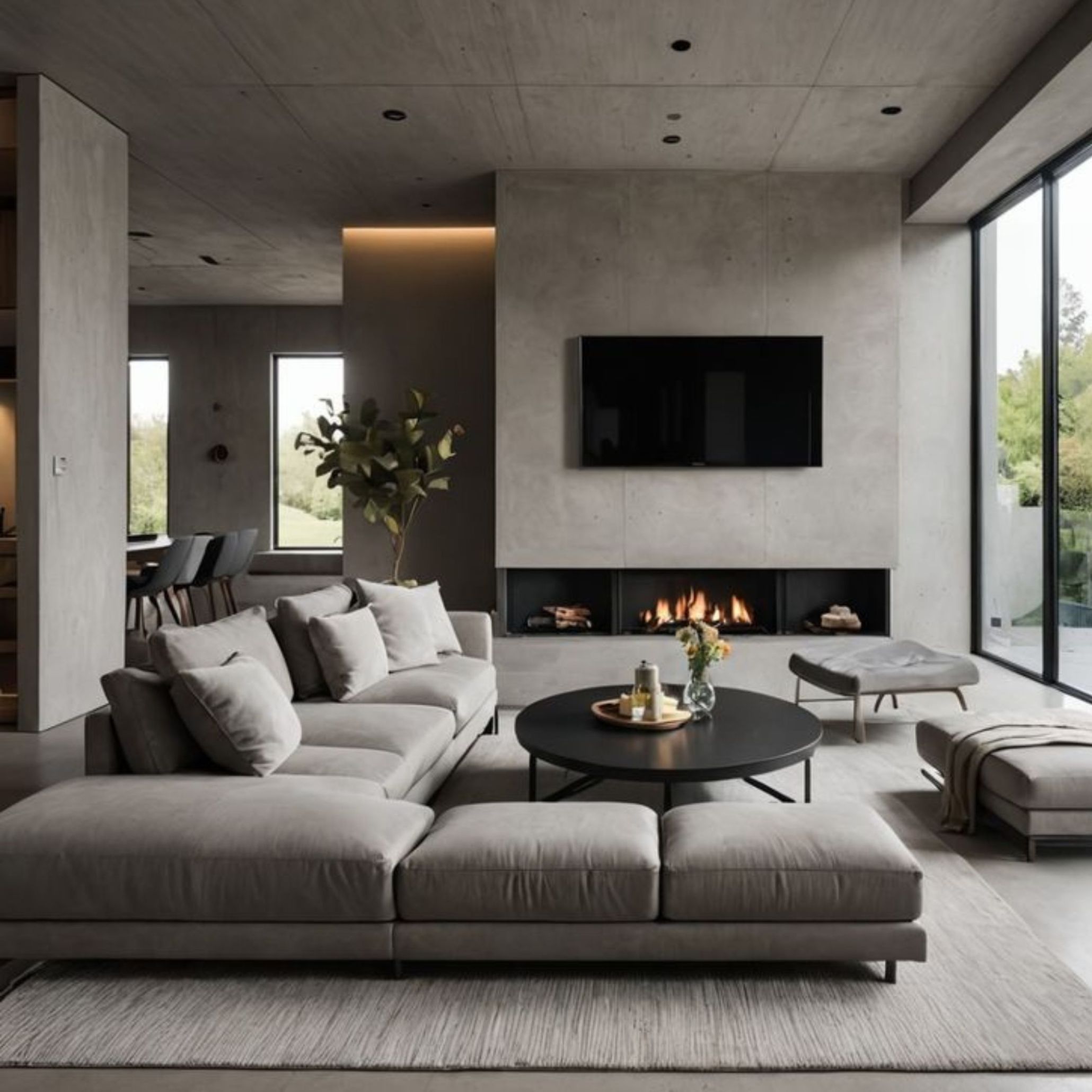 Modern grey-toned living room with a large sectional sofa, round black coffee table, built-in fireplace, and minimalist aesthetic evoking urban comfort.