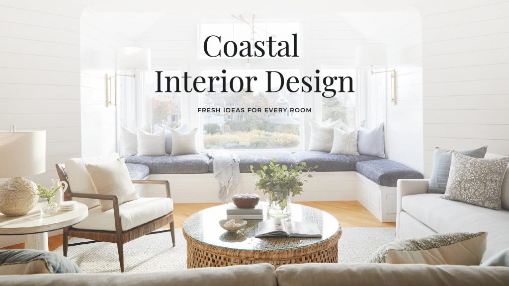 Bright and airy coastal living room with built-in window seating, soft grey and blue cushions, natural woven textures, and minimalist furniture, styled in Contemporary Coastal Interior Design.