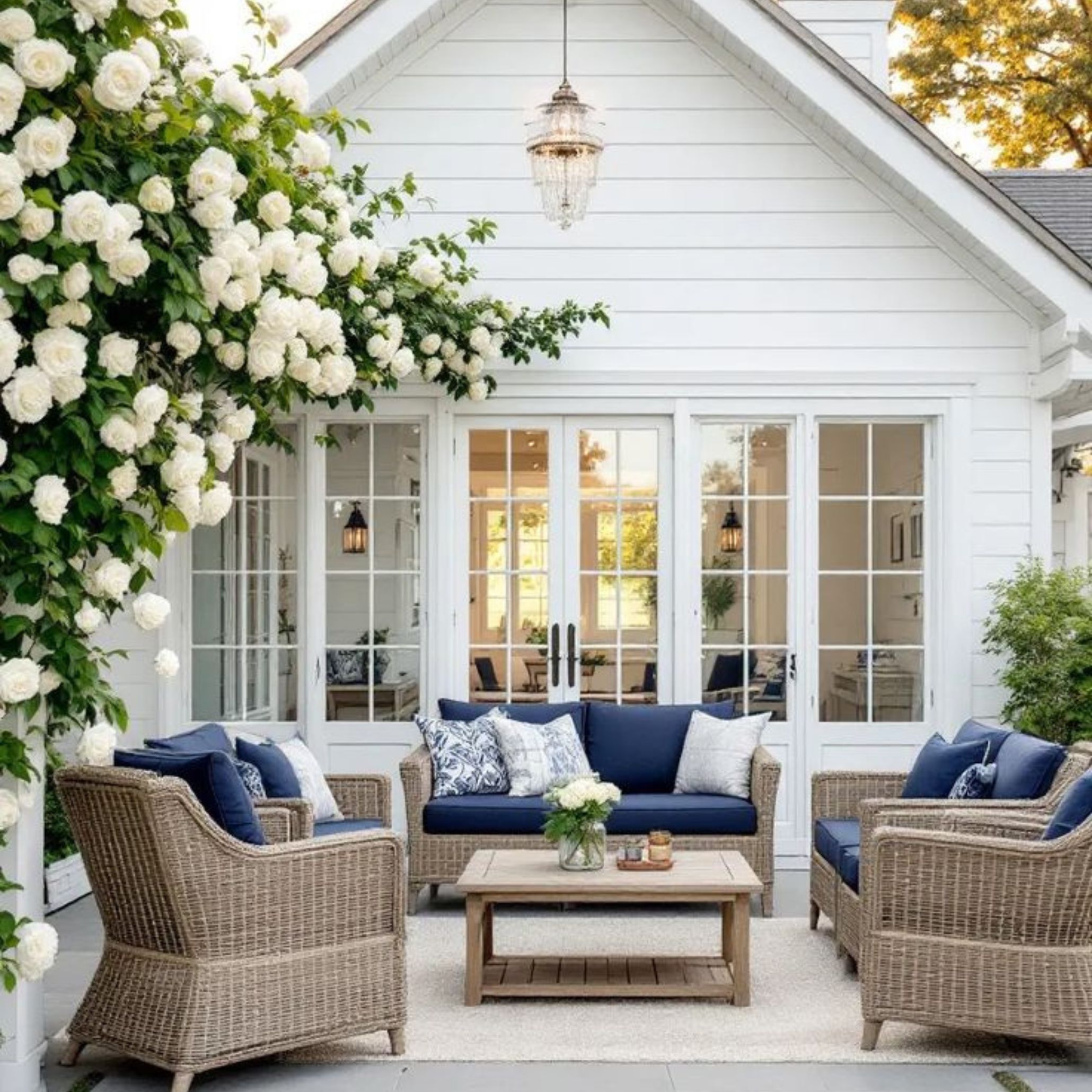 Modern Coastal Interiors in an outdoor setting with natural wicker furniture, navy blue cushions, and blooming white roses creating a serene and elegant coastal ambiance.