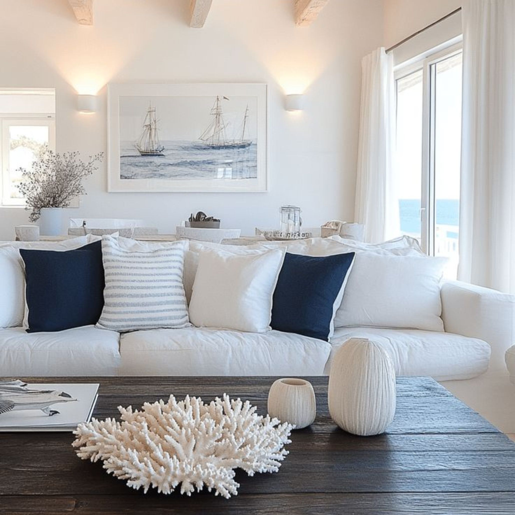 Coastal living room featuring a white sofa with navy and striped pillows, nautical artwork, and organic textures that enhance the contemporary coastal style.