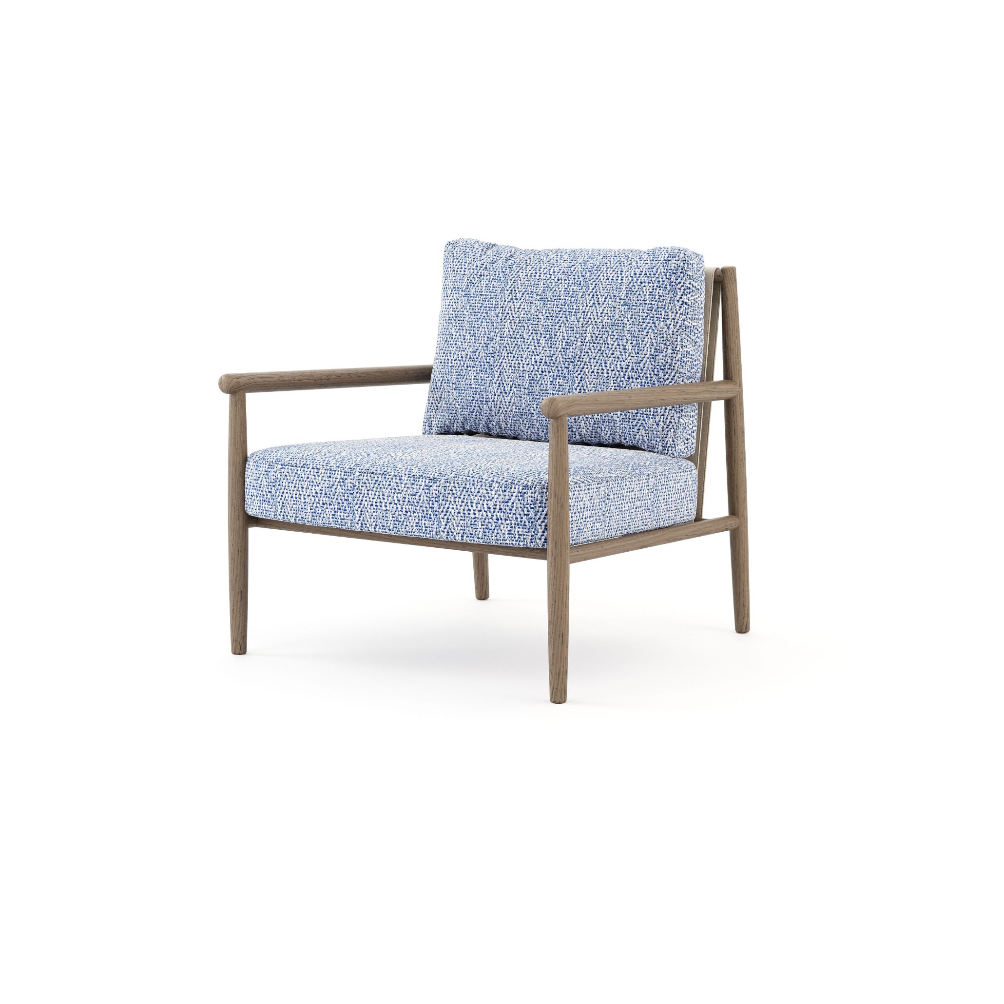 A low-profile armchair with a natural oak wood frame and textured blue-and-white upholstery. Its clean lines and organic shape reflect calm and modern coastal elegance.