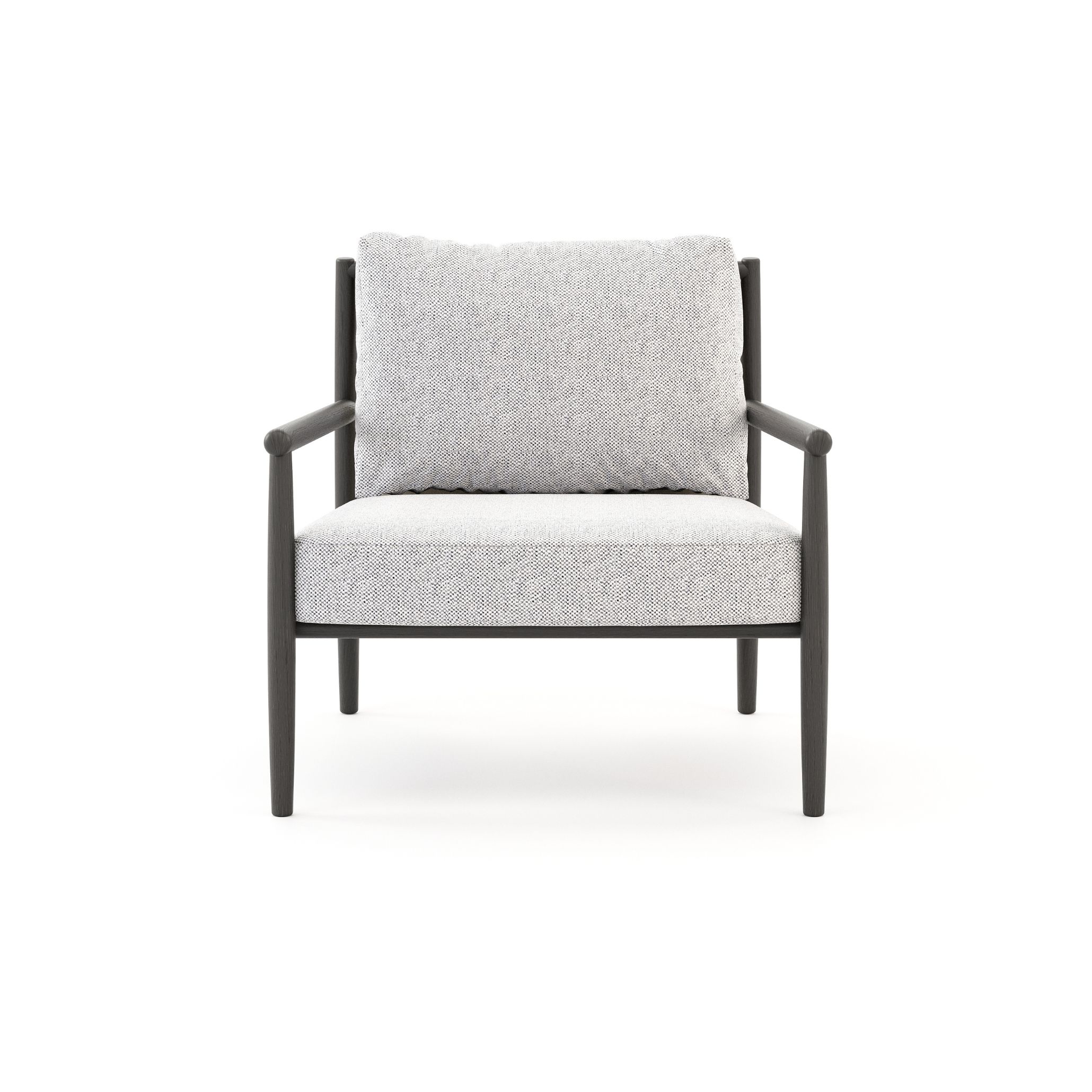 Landform Armchair featuring a dark wooden frame and soft grey upholstery, designed with comfort and structure for sophisticated Contemporary Coastal Interiors.