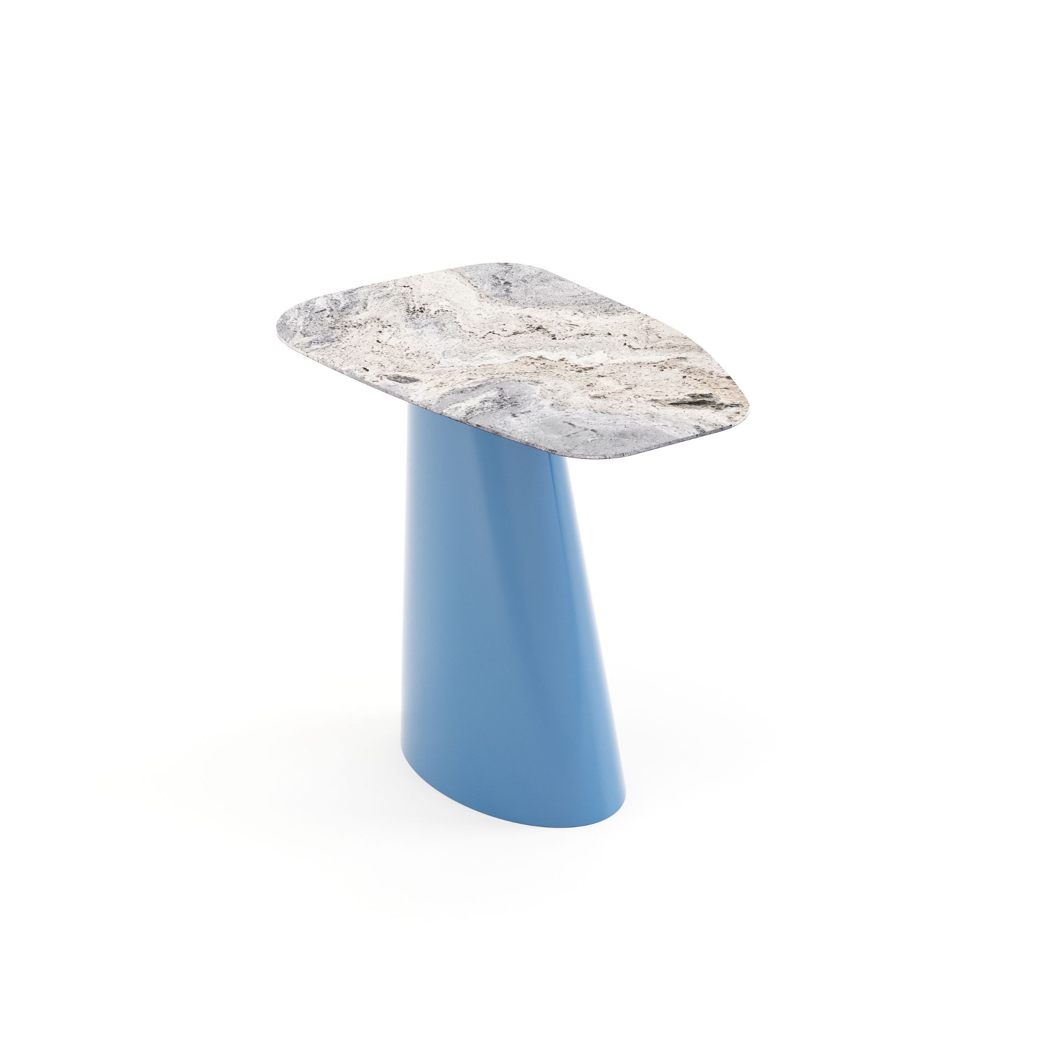 The Stone Side Table stands out with its blue high gloss base and textured marble top, adding a bold coastal accent through natural materials and modern form.