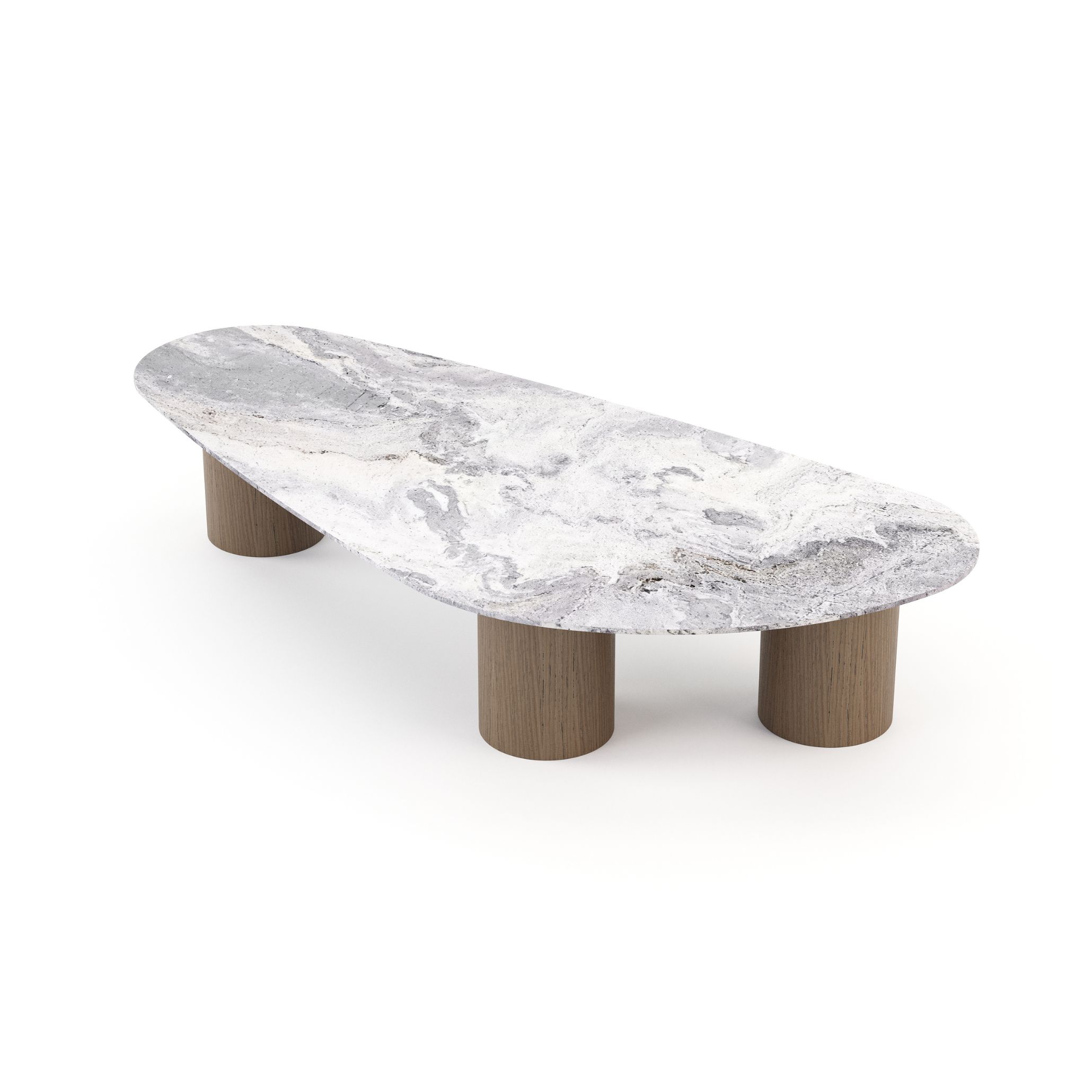 The Natur Coffee Table showcases a riverstone-patterned marble top over rounded oak legs, echoing the flowing rhythm of waves in a coastal-inspired design.