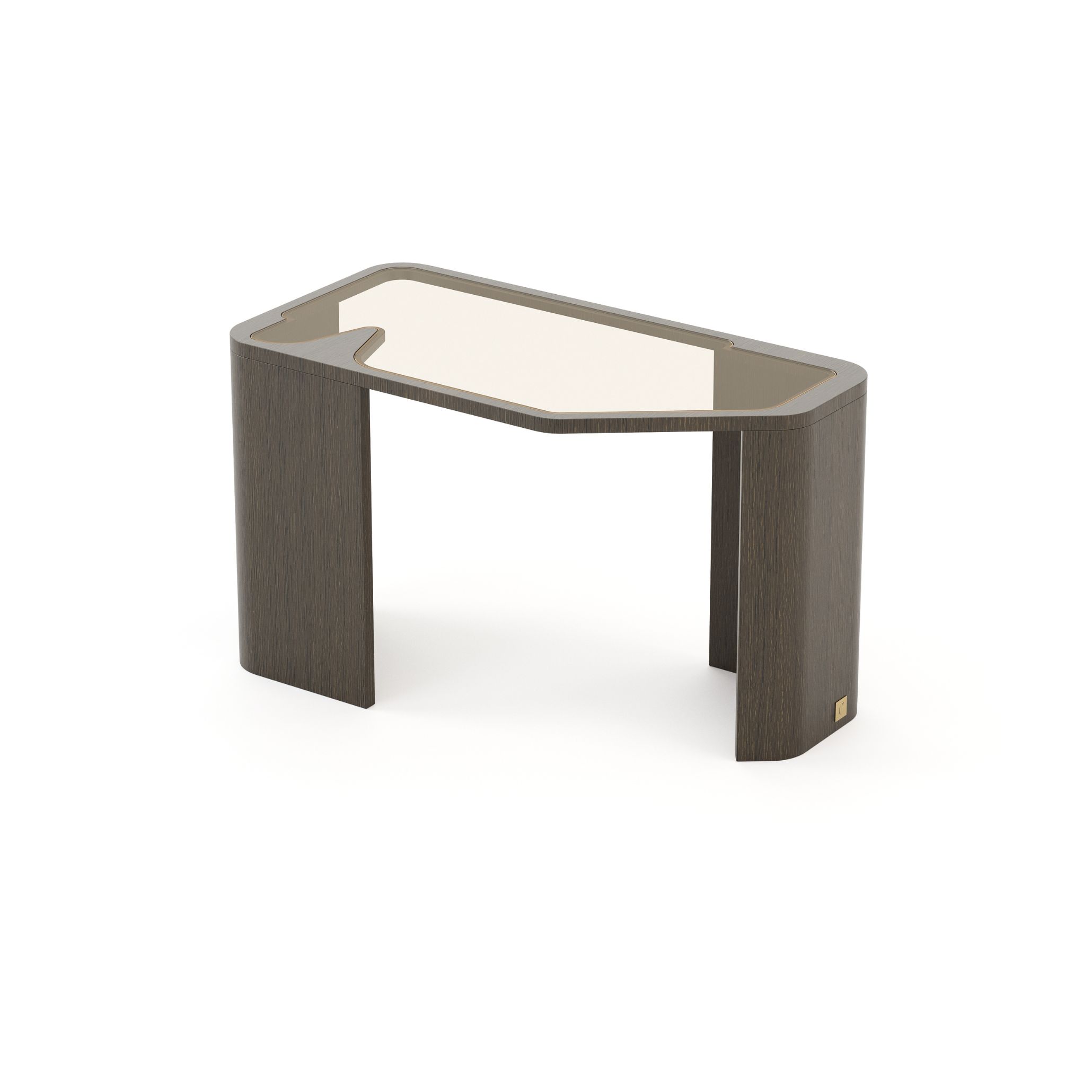 The Margem Side Table pairs a curved dark wood structure with a geometric glass top, offering sculptural simplicity and modern coastal refinement.