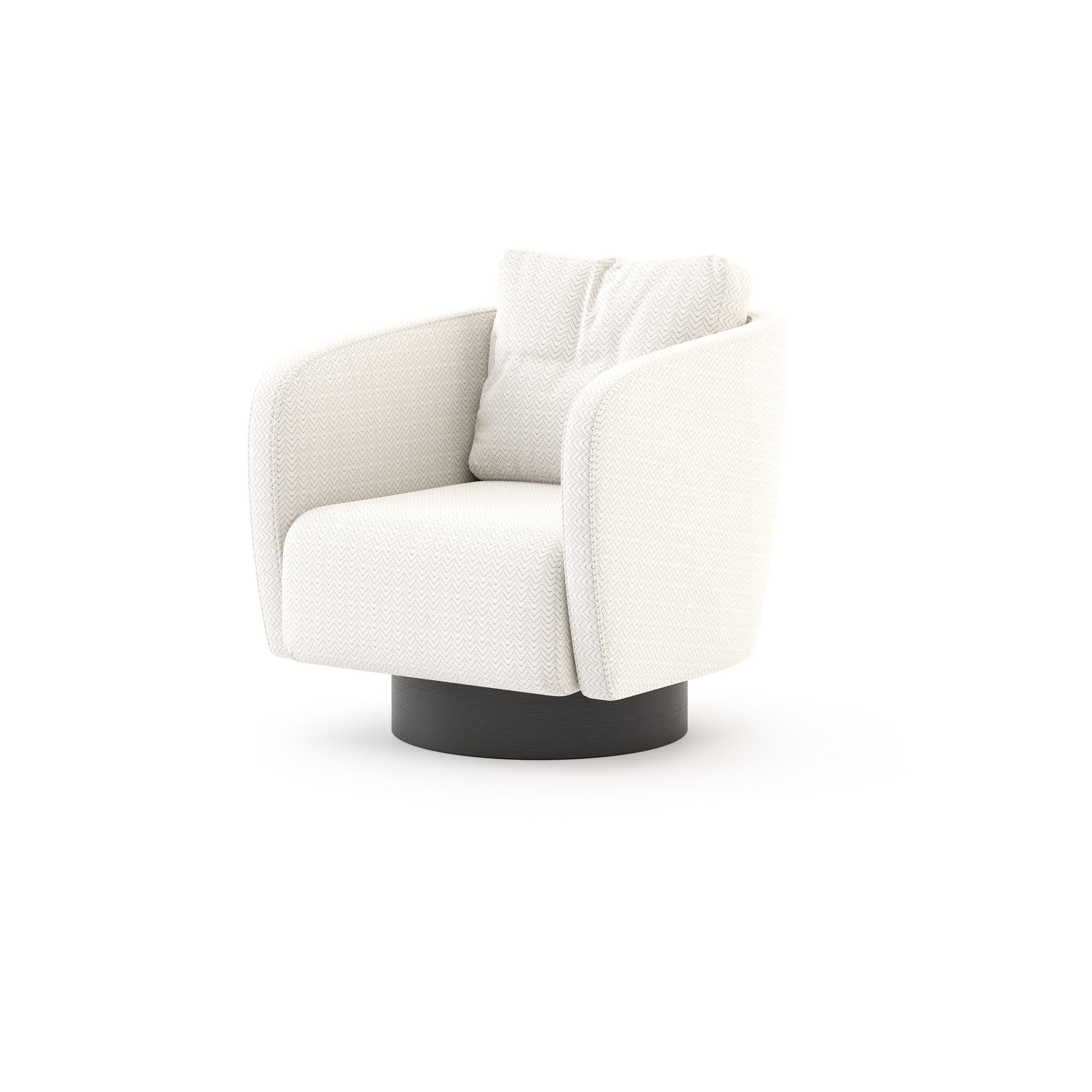 Her Armchair with smooth curves and white textured fabric, designed to evoke the calm and softness of coastal dunes in modern interiors.
