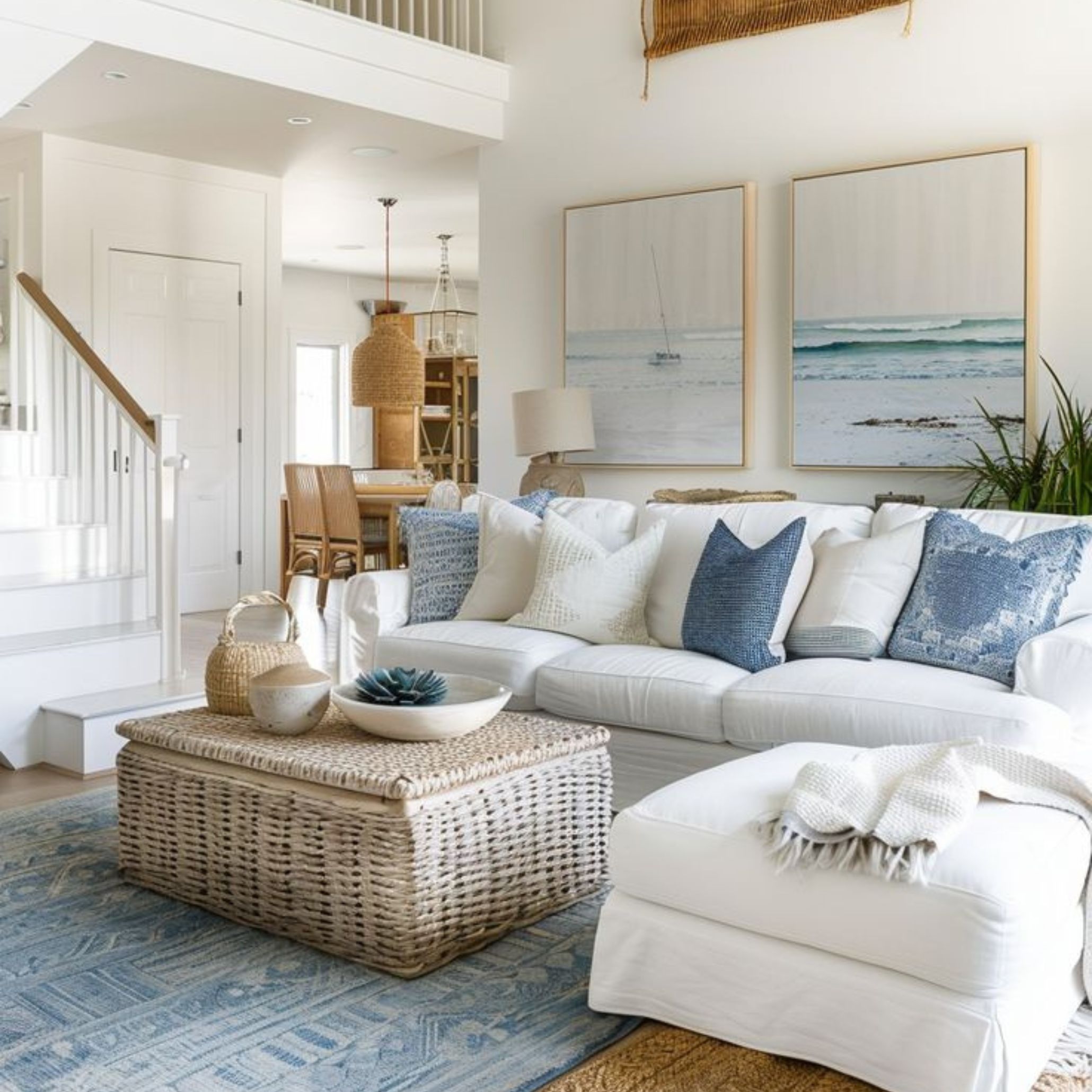 Coastal living room featuring a white sofa with blue accent pillows, a woven wicker coffee table and layered textures that enhance the serene and relaxed mood of Modern Coastal Interiors.