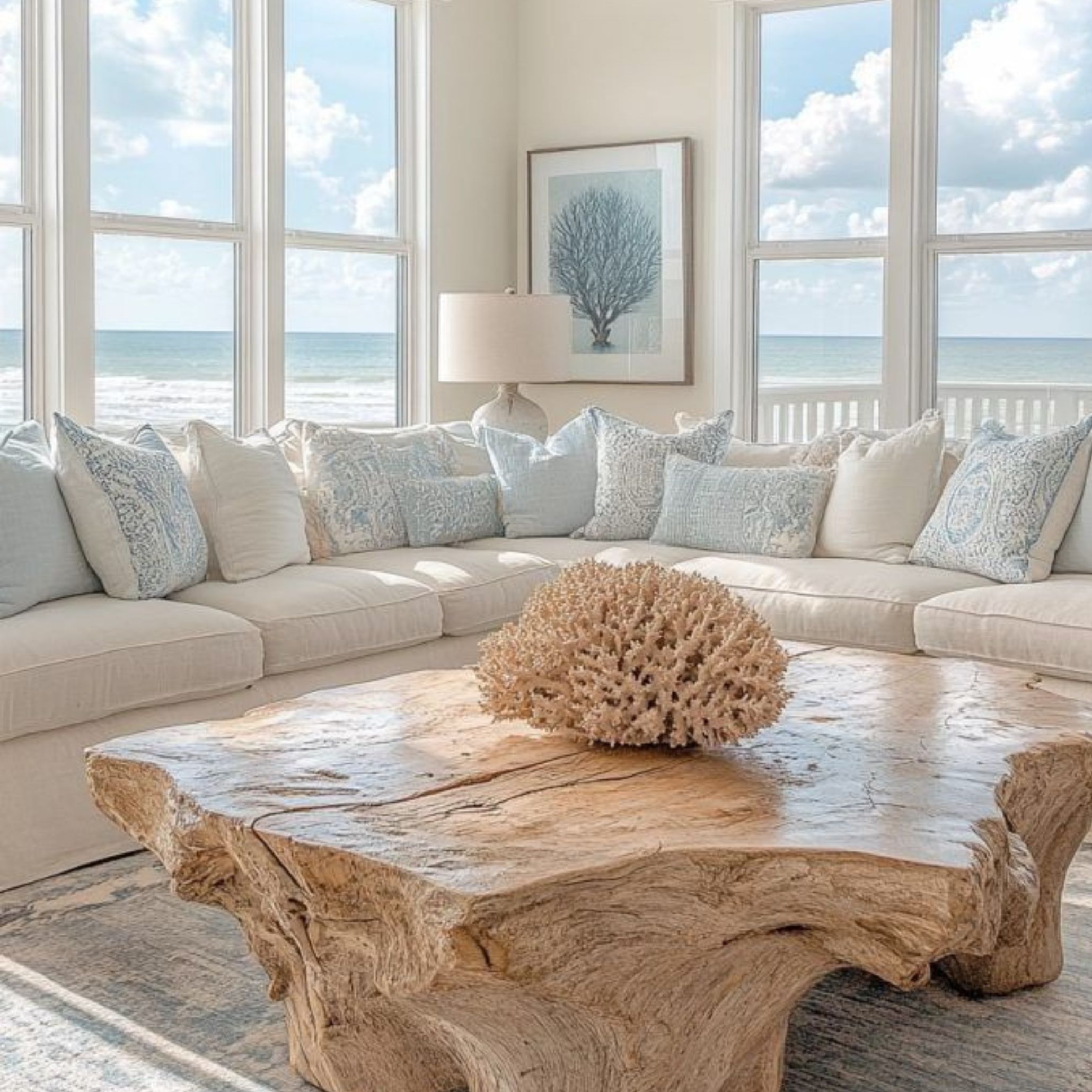 Oceanfront living room with floor-to-ceiling windows, pastel blue pillows and a sculptural wood coffee table, embodying natural elements and light in a refined coastal interior.