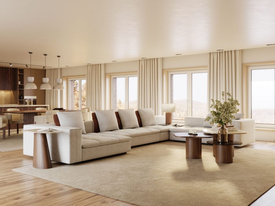 A spacious open-plan living room styled with the Margem sofa in a light beige fabric and leather side arms, offering a contemporary modular design. At the sofa’s end sits the Stone side table, featuring a sculptural wood base and a marble top. In front, the Natur set of side tables—crafted in wood, glass, and marble—adds a harmonious mix of organic textures to the cozy setting.