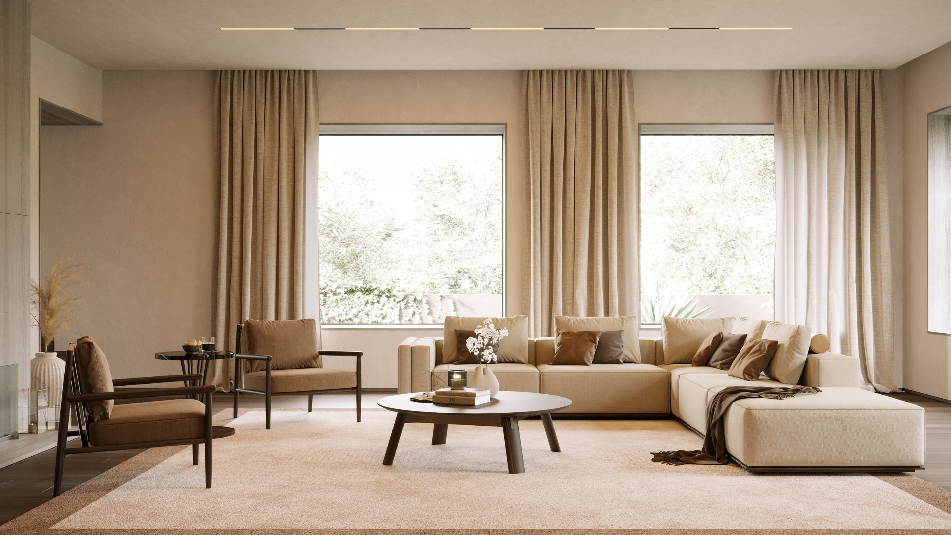 Sunlit Mediterranean living room featuring a cozy beige sofa with brown accents and a rustic Landform Armchair crafted from Mate Grey Oak and textured neutral fabric. The space reflects the warmth and natural textures central to Mediterranean Interior Design, with large windows allowing natural light to highlight organic materials and earth tones that evoke relaxed elegance.