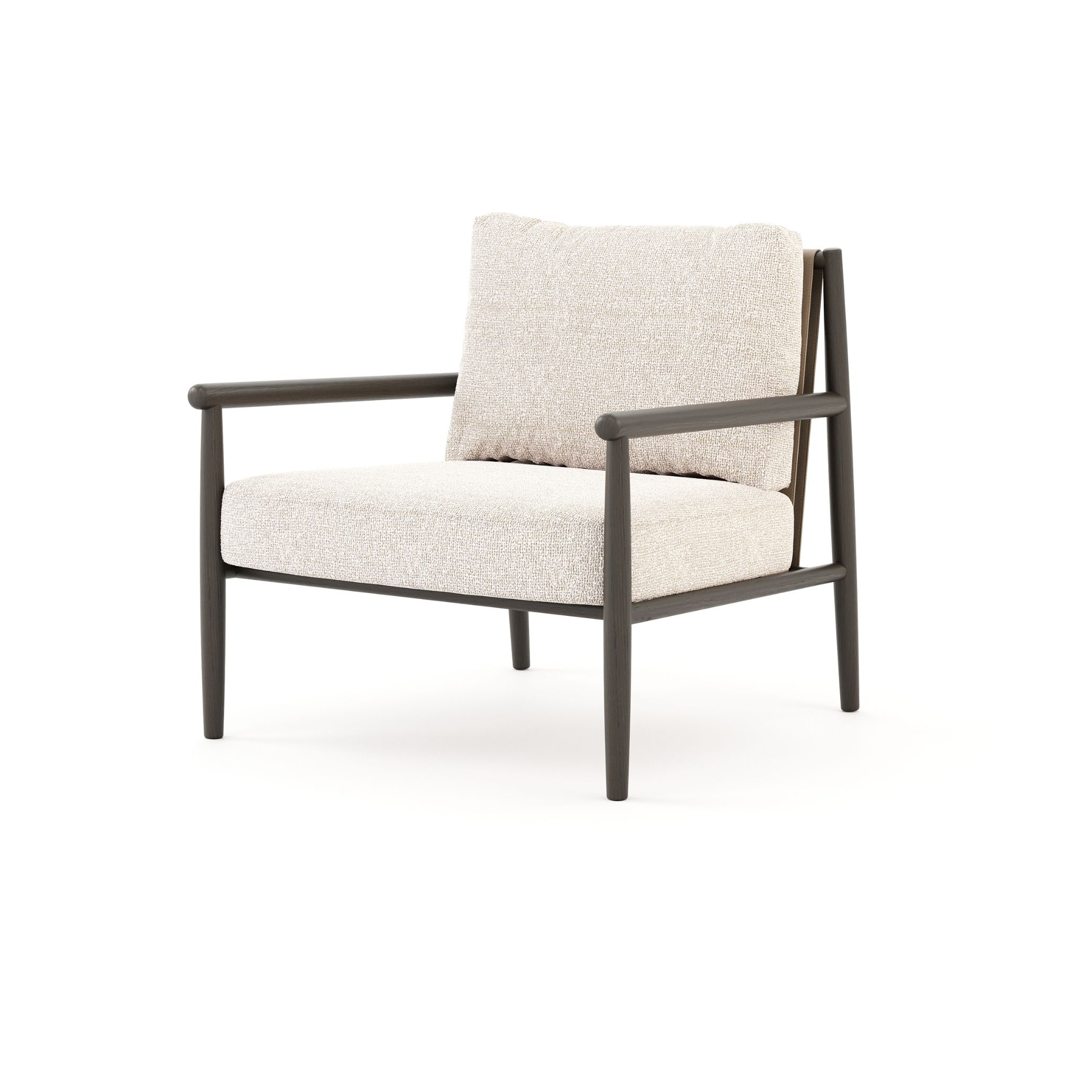 Landform Armchair with a Mate Grey Oak wood structure and textured neutral fabric, exemplifying the charm of Mediterranean Furniture. The armchair’s clean lines and natural materials evoke a rustic simplicity that blends tradition with contemporary design, inviting relaxed moments and quiet contemplation within Mediterranean Interior Design themes.