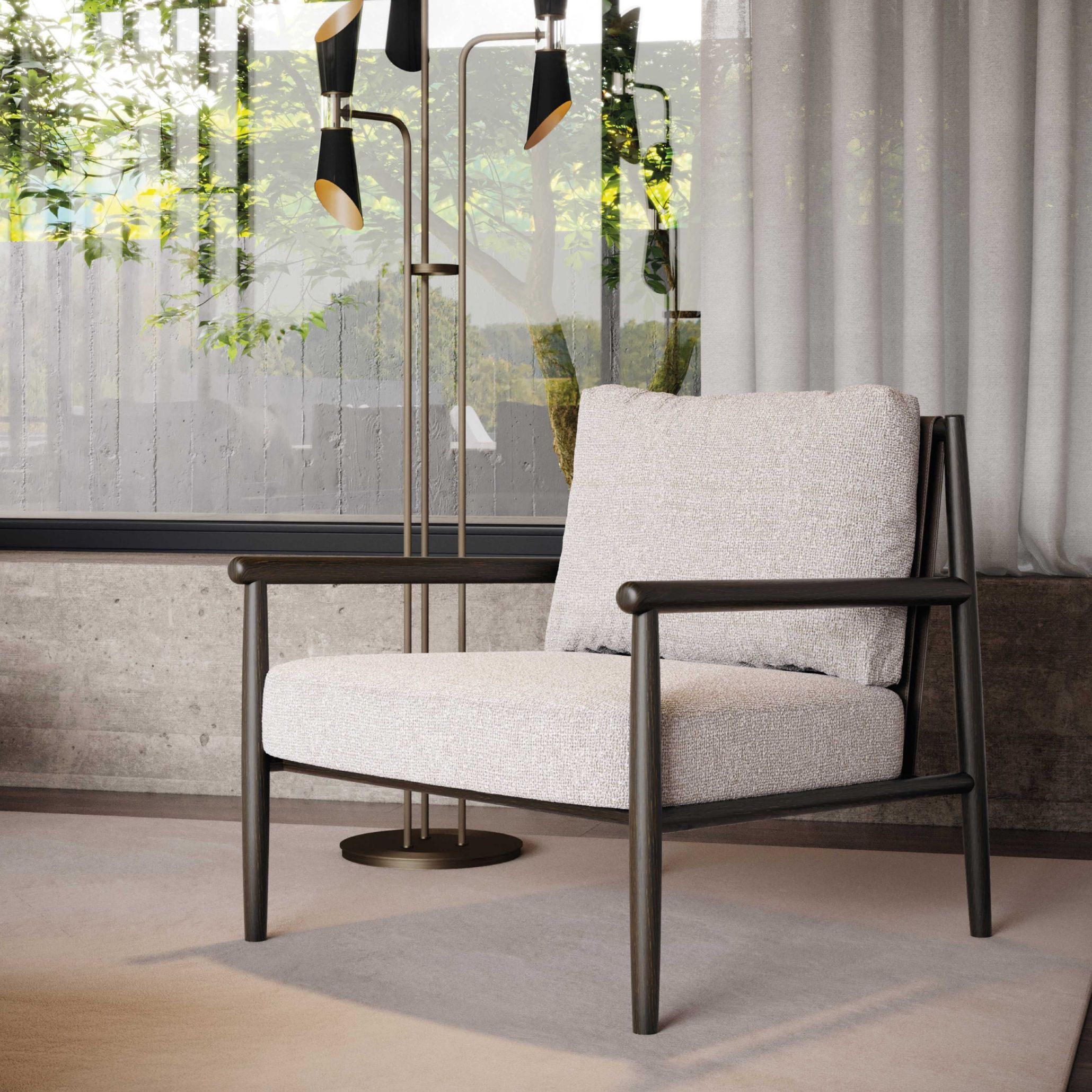 The Landform Armchair positioned in a quiet corner of a neutral living room, framed neutral tones and natural textures. This seating piece channels the essence of Mediterranean Aesthetic living - comfort, organic form, and connection to the land - making it ideal for intimate spaces inspired by coastal villages and sun-drenched landscapes.