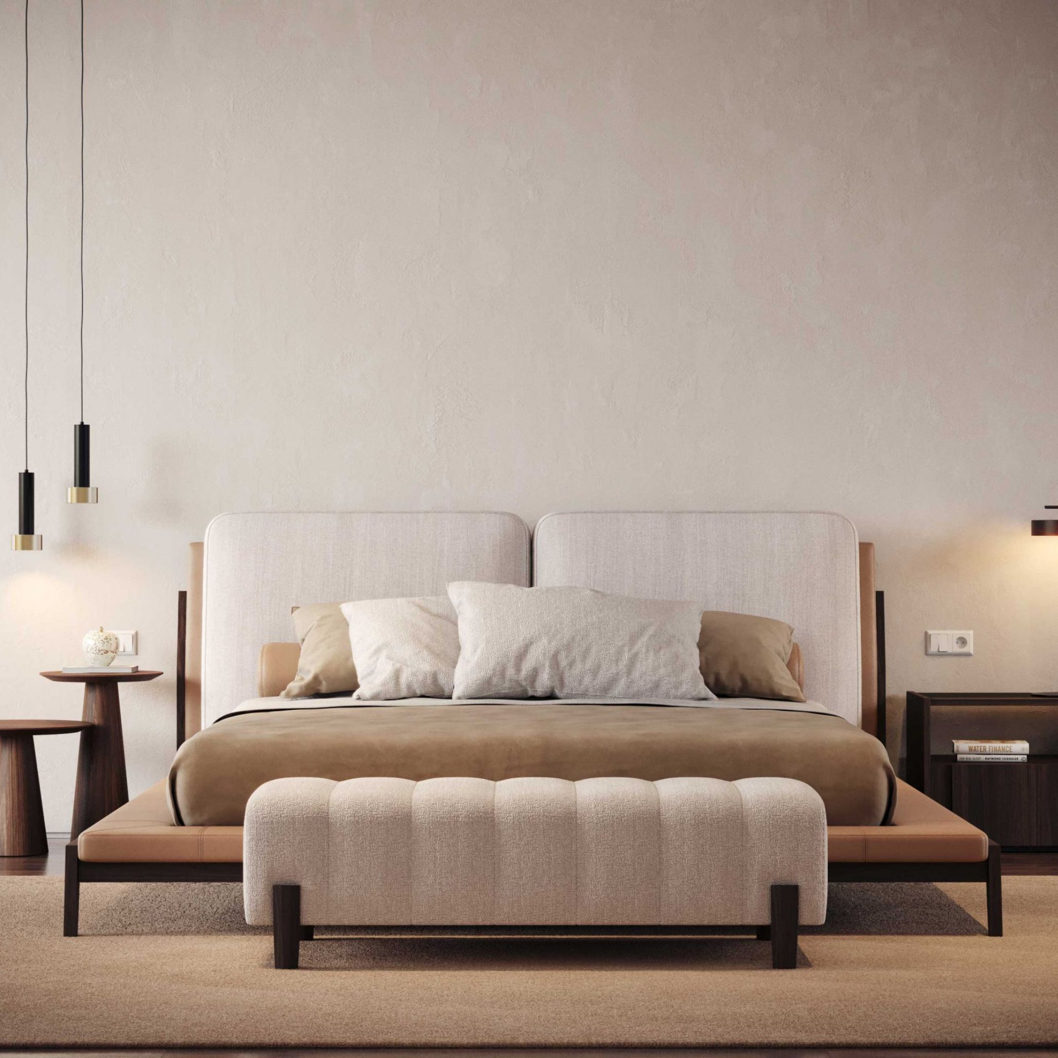 Milos Bed in a serene Mediterranean bedroom featuring a warm camel leather low structure paired with a soft neutral fabric upholstered headboard. This design honours the simplicity and architectural clarity of traditional rural Mediterranean homes, combining comfort with natural materials to create a restful, authentic environment that restores the senses.