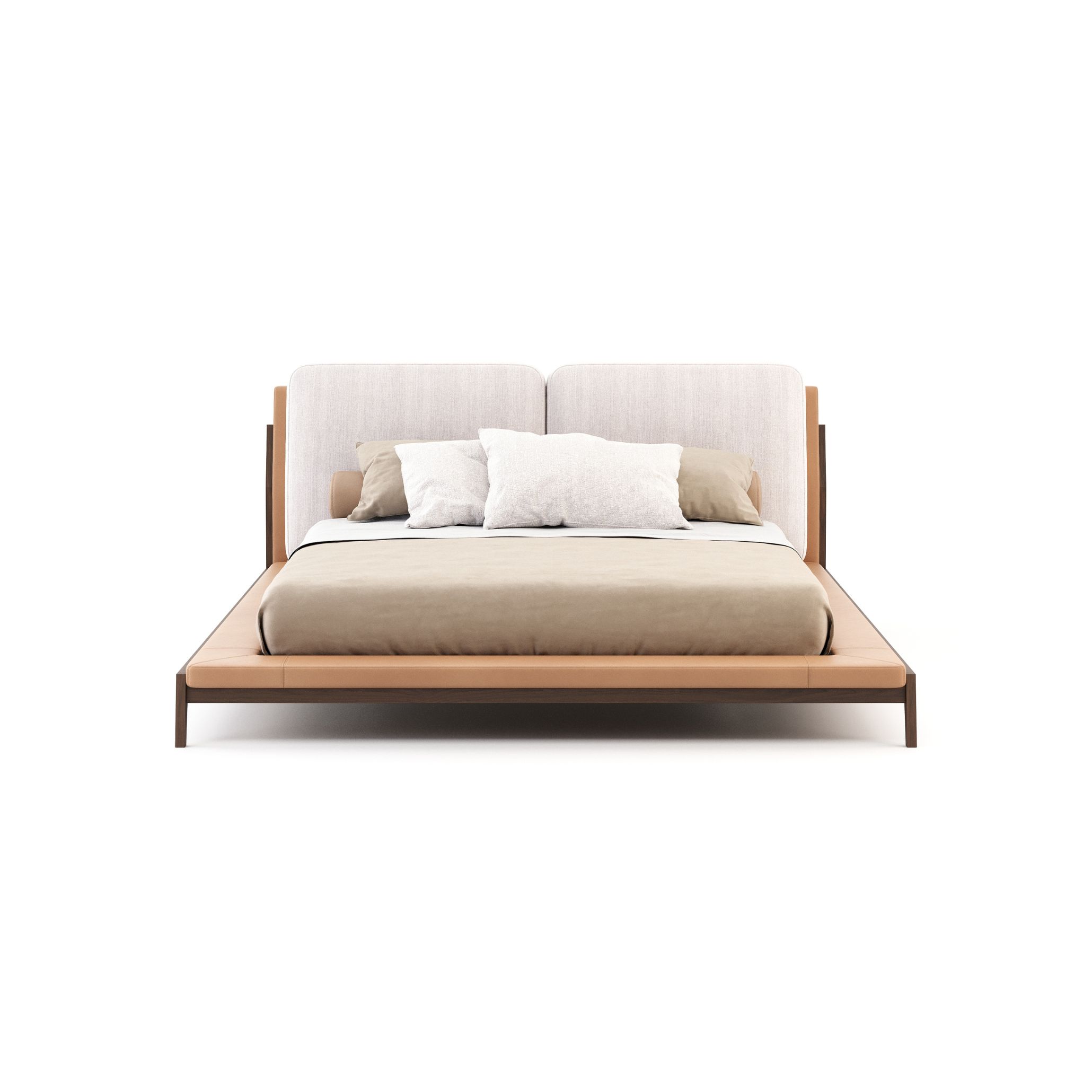 Detailed view of the Milos Bed highlighting its clean lines, natural leather upholstery, and fabric headboard. This piece embodies the Mediterranean Aesthetic’s focus on understated elegance and beauty, perfectly suited for bedrooms that celebrate simplicity, authenticity, and timeless Mediterranean Furniture traditions.