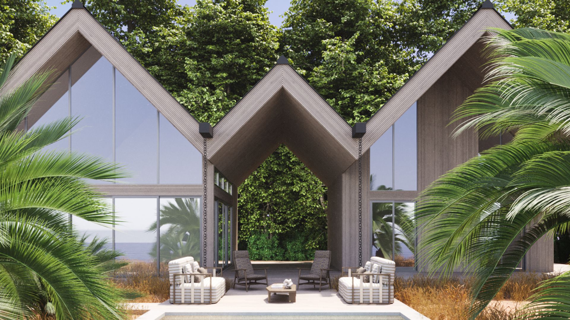 A striking retreat where sharp-angled roofs and large glass façades open onto a serene outdoor setting. Surrounded by palm trees and greenery, this space creates a seamless transition between structure and nature, capturing the essence of outdoor living as an elegant extension of the home. The overall ambiance exudes balance, tranquillity, and connection with the environment.