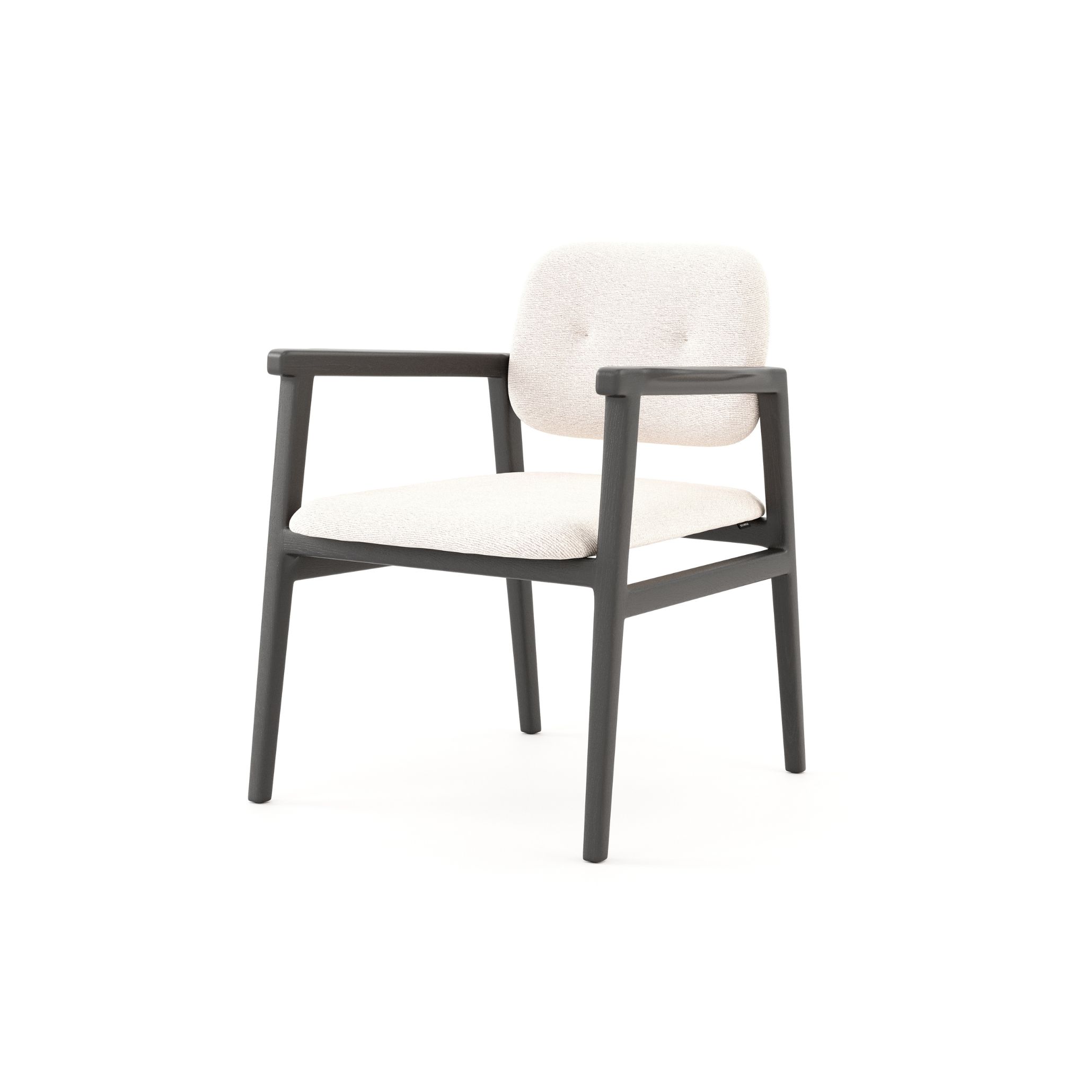 Product-focused image of the Toro II Chair, highlighting its sleek wood frame and neutral upholstered seat and backrest. With soft curves and a minimalist silhouette, this piece exemplifies understated sophistication and comfort, designed for long-lasting use in stylish outdoor dining environments.