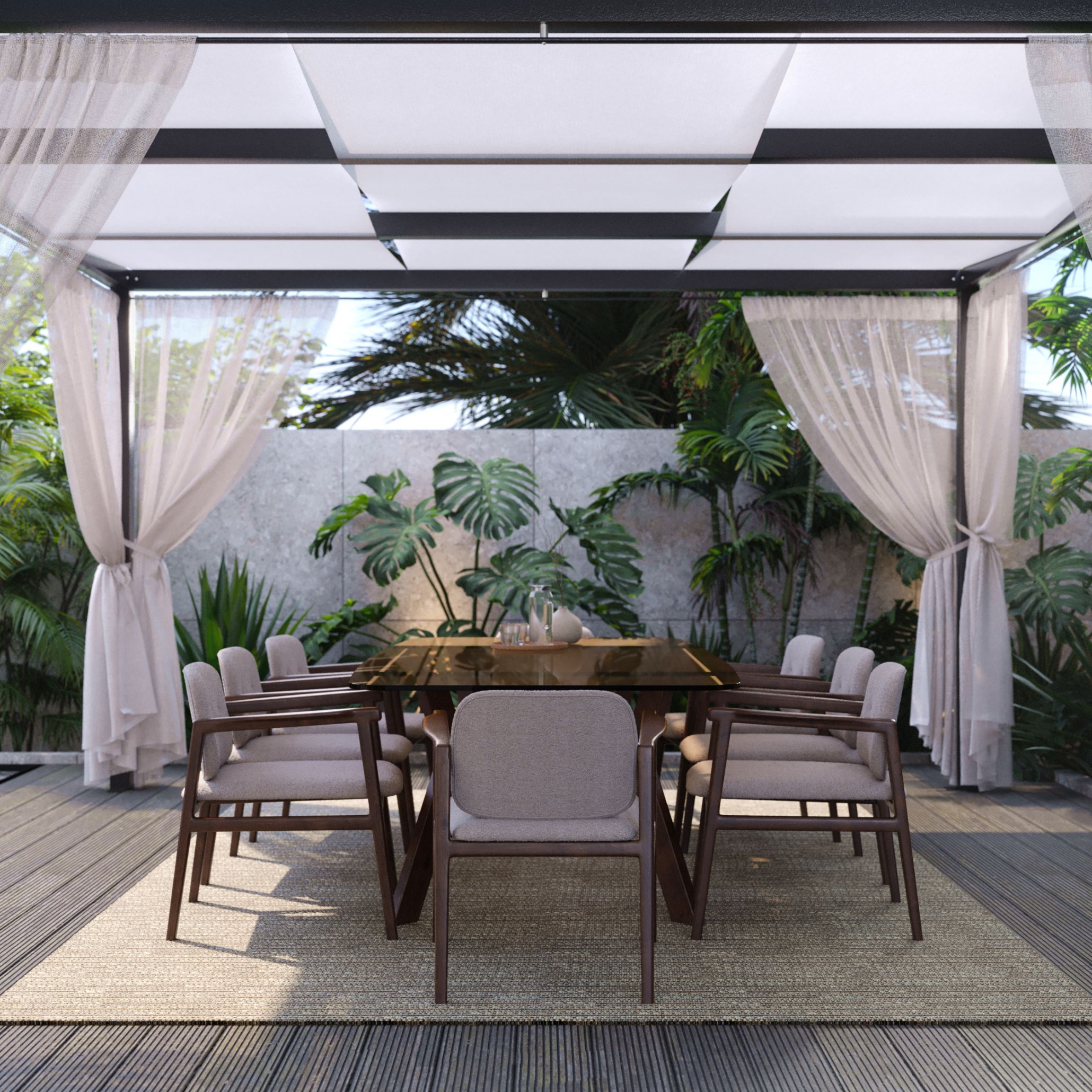 Under a soft canopy of sheer curtains, this outdoor dining space features the Toro Dining Table with a dark wooden base and glossy glass top, surrounded by Toro II Chairs in a neutral fabric. Set against a lush tropical backdrop, the composition reflects the 2025 emphasis on unified outdoor spaces where elegance and function meet seamlessly.