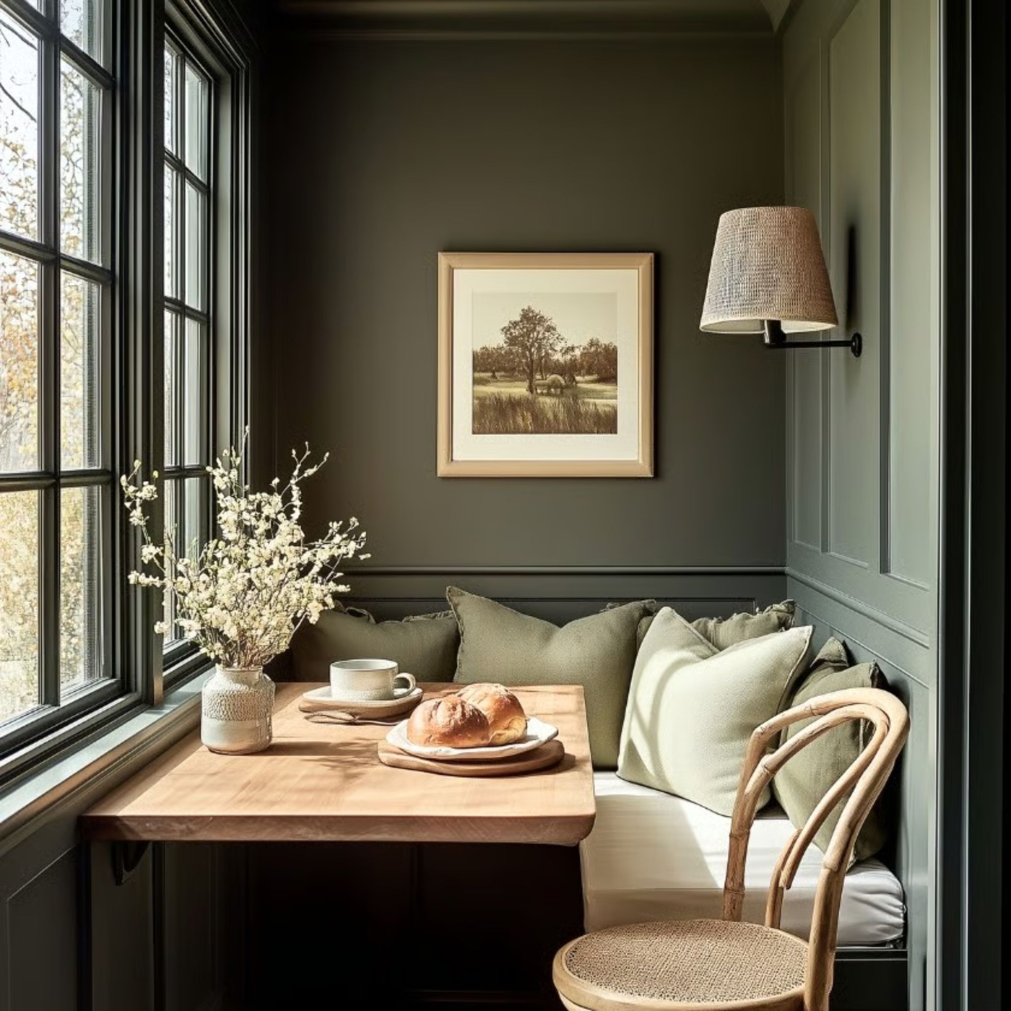 A peaceful olive green cottagecore nook designed for meals or quiet reading. Wooden furniture, soft lighting, and bright windows create an inviting corner that feels both functional and serene—perfect for a modern countryside-inspired home.