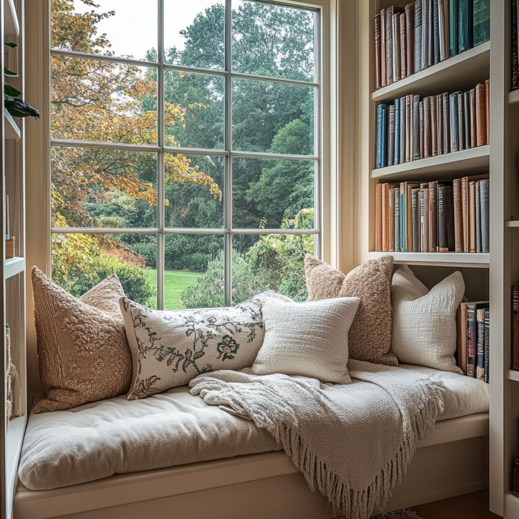 A charming cottagecore reading nook built into a window, surrounded by open shelves and looking out to a green, natural view. The space combines coziness and calm, ideal for slowing down and enjoying a quiet moment.