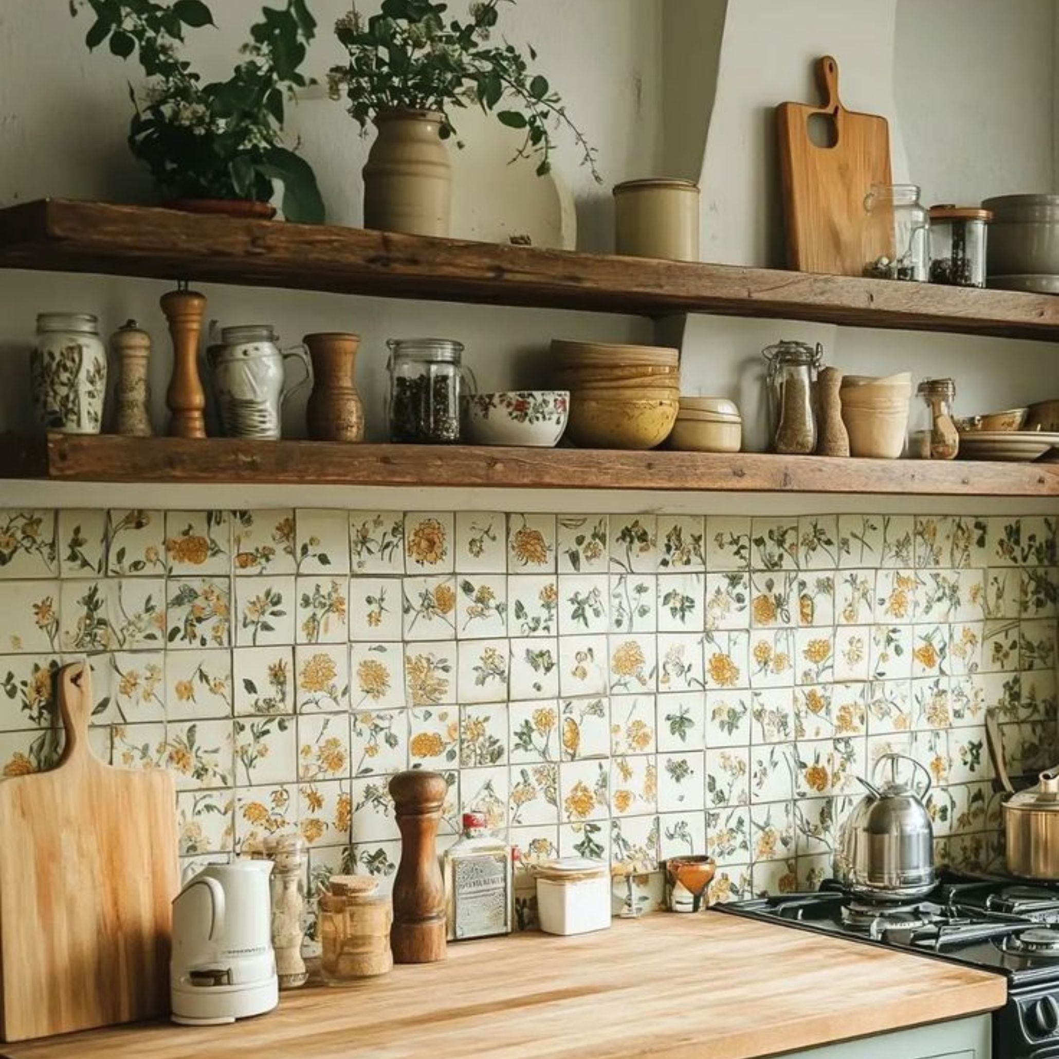 Cottagecore kitchen storage with open wooden shelves and floral-patterned tiles. The design highlights handcrafted details and natural textures, combining rustic elements with practical elegance.