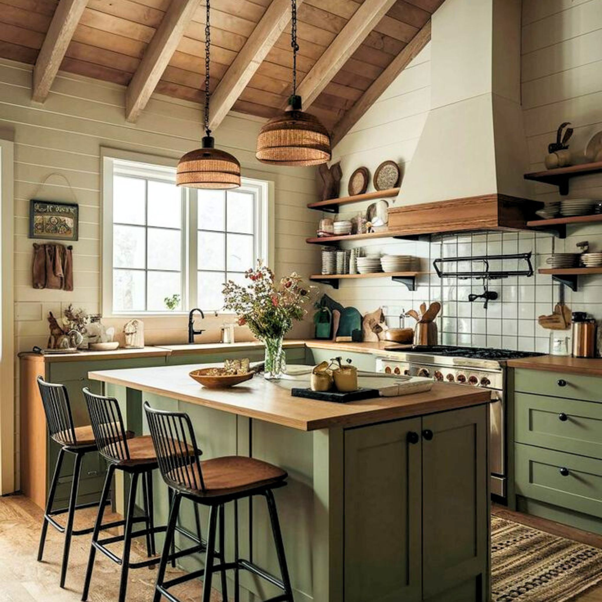 An inviting cottagecore kitchen featuring wooden details, neutral walls, and a central island painted in sage green. Open shelving, handcrafted ceramics, and soft lighting enhance the cozy and natural atmosphere typical of cottagecore interior design.