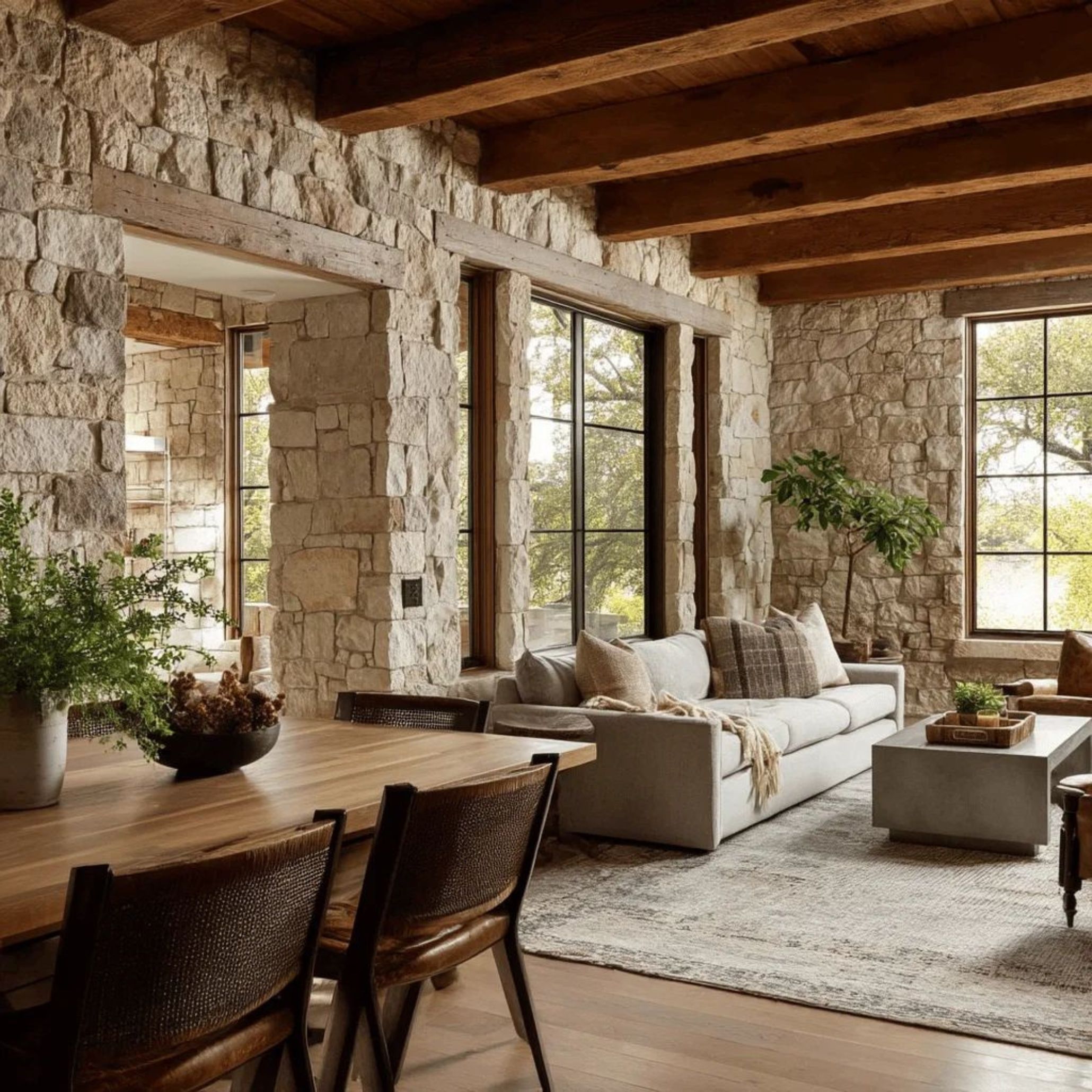 A serene cottagecore living room featuring natural stone walls, a neutral-toned fabric sofa, and wooden furniture. The combination of raw textures and soft materials creates a warm, grounded space that reflects the cottagecore philosophy of comfort and authenticity.