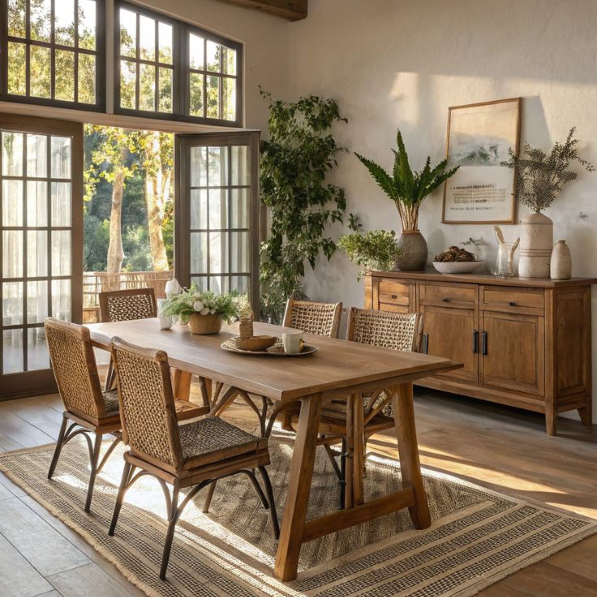 A bright cottagecore dining area with expansive windows, allowing natural light to flood in. The space features wooden chairs and table, a matching cabinet, and abundant greenery - blending rustic charm with freshness and openness.