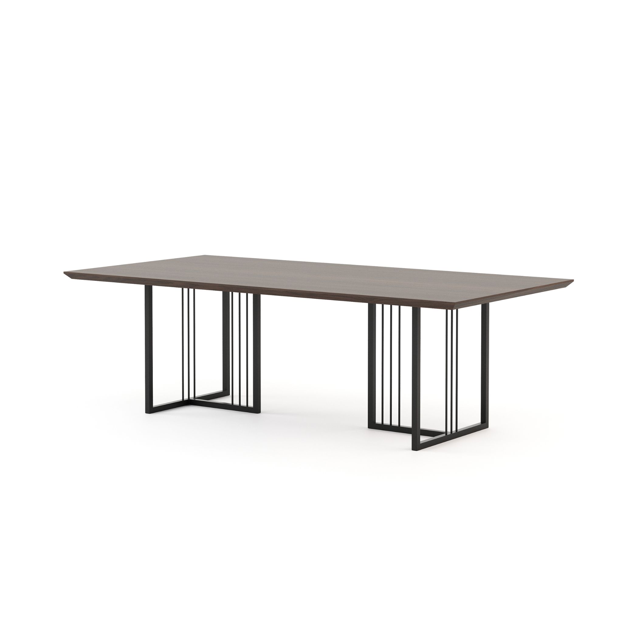 A close-up view of the Porto Dining Table, showcasing its matte walnut wood top and structured iron slat base. The table exemplifies modern cottagecore elegance, balancing raw materials with refined craftsmanship for a timeless appeal.