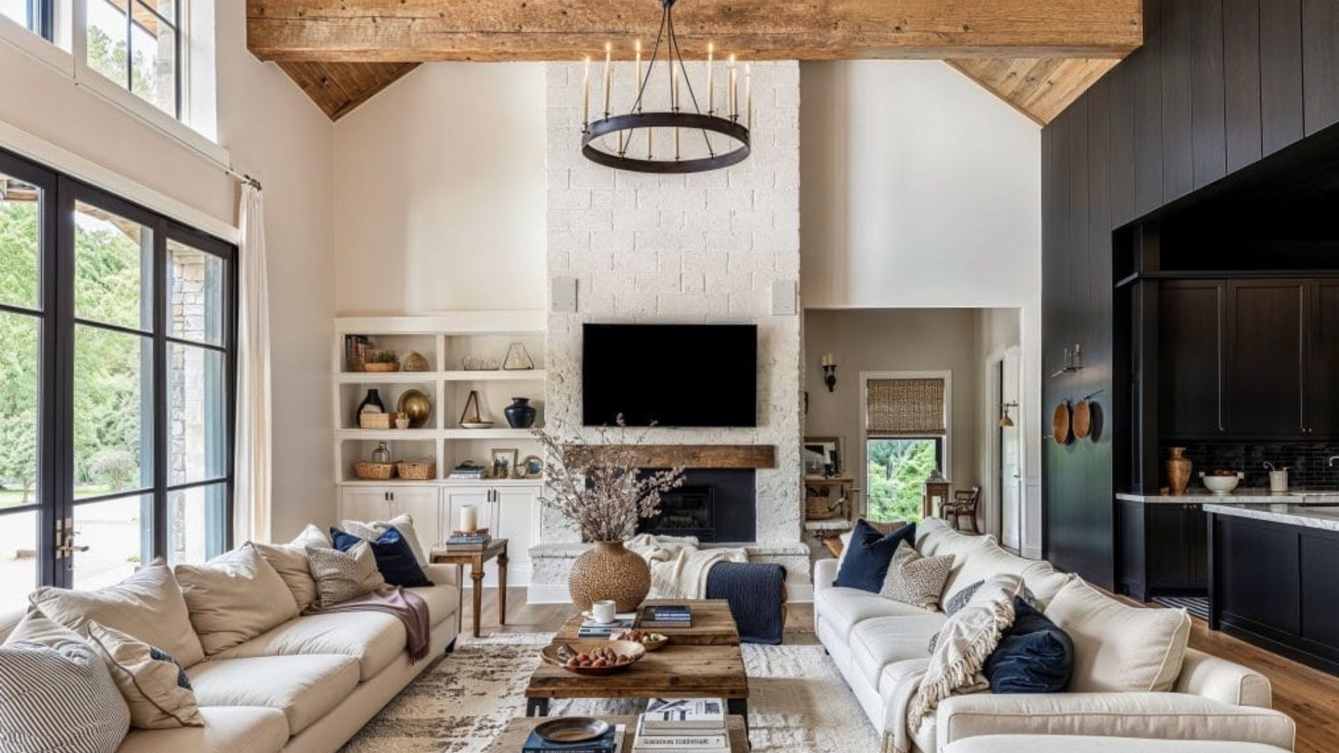 A modern cottagecore living room featuring white walls, wooden furniture, and decorative open shelves. Two neutral sofas with blue and patterned pillows sit under an industrial-style iron chandelier, blending old and new design elements harmoniously.