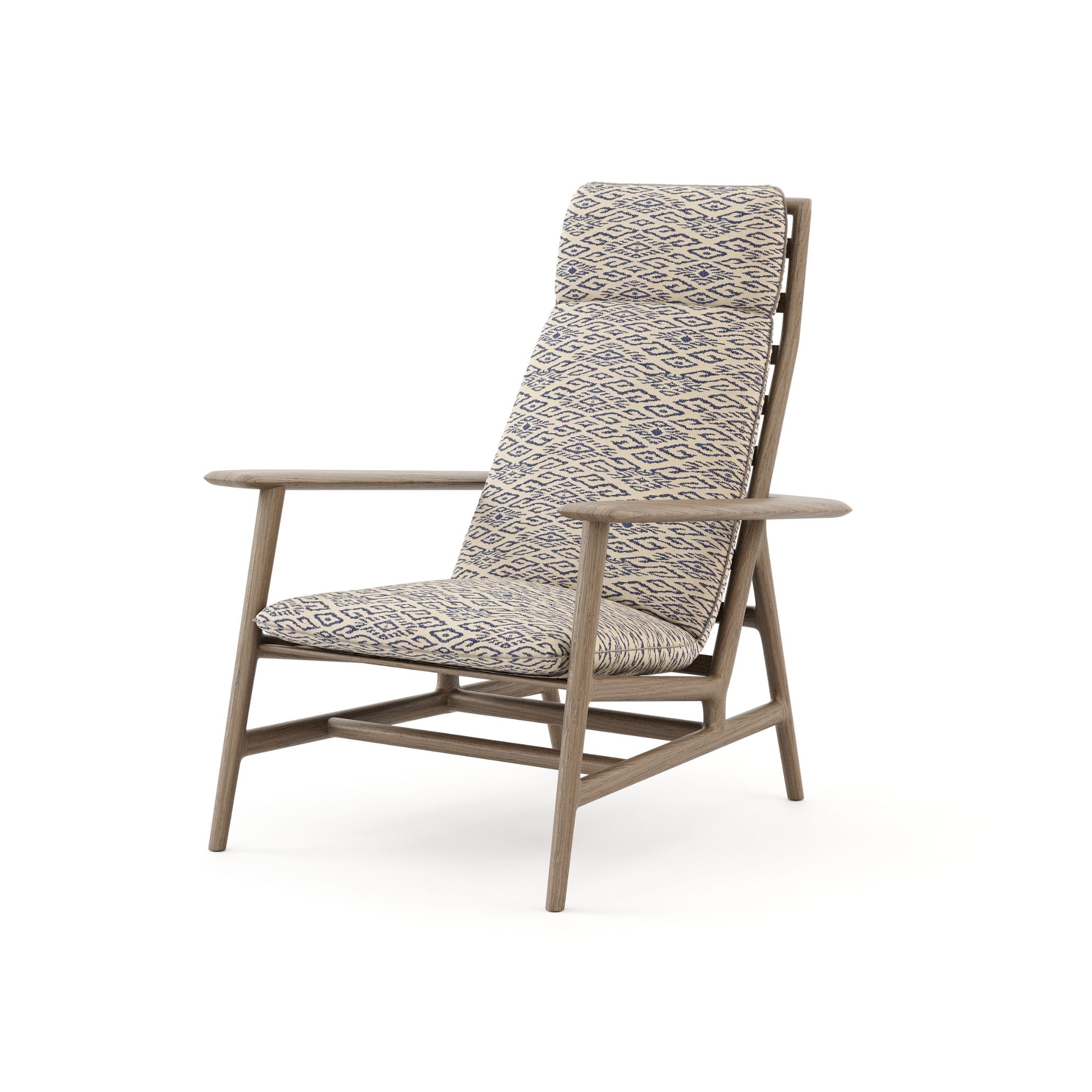 A view of the Ripa Armchair by Stylish Club, featuring a sleek Grey Oak Mate structure and upholstered in a beige and navy blue patterned fabric. This piece represents the elegance and durability ideal for Hamptons Style outdoor spaces, offering a perfect balance between design and relaxation.