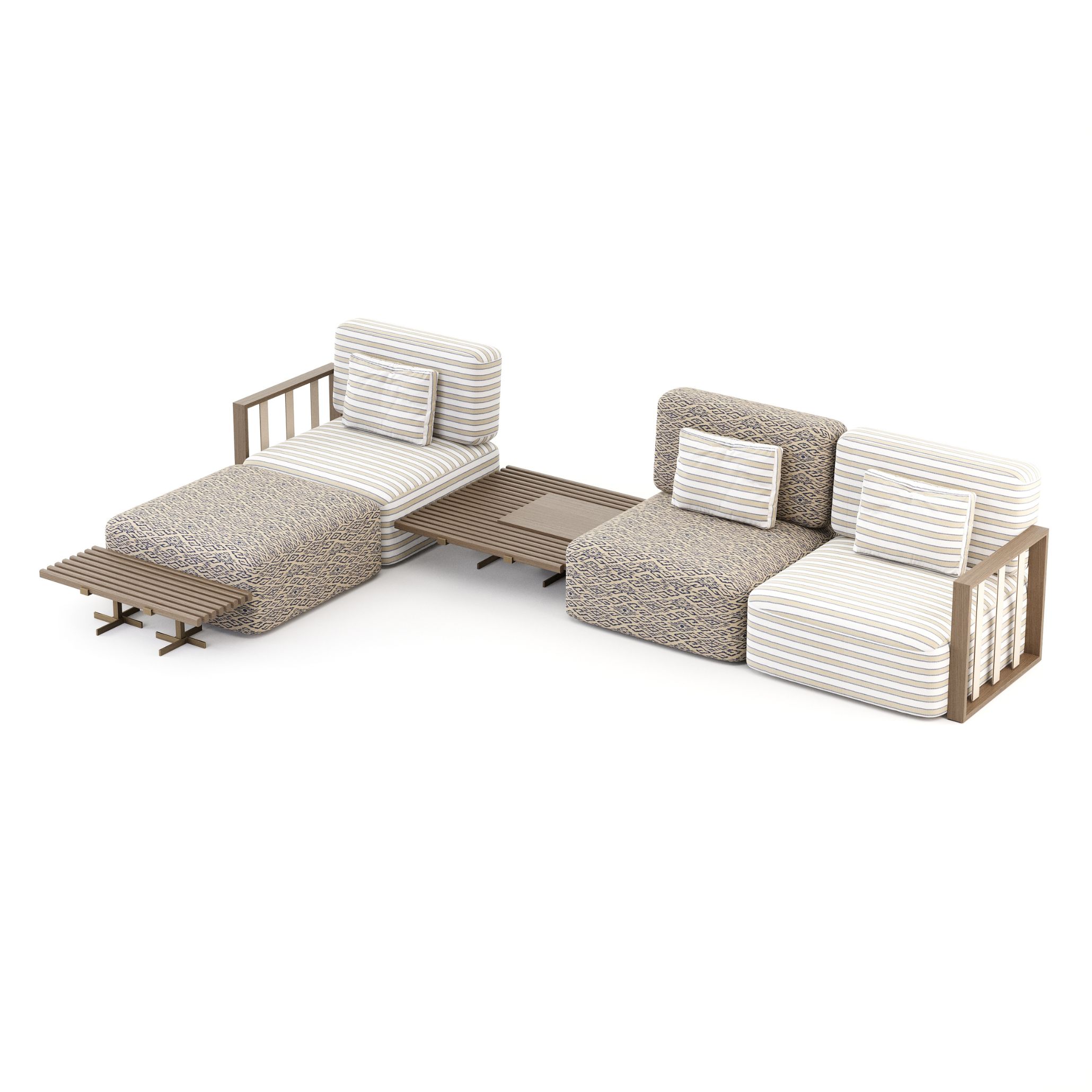 The Bespoke Her Sofa and Ripa Coffee Table by Stylish Club, shown in a modular L-shaped configuration with striped and patterned upholstery in soft tones. Designed for Hamptons Style House exteriors, this sofa pairs comfort with versatility, integrating slatted wood details and soft cushions for a luxurious outdoor lounging experience.