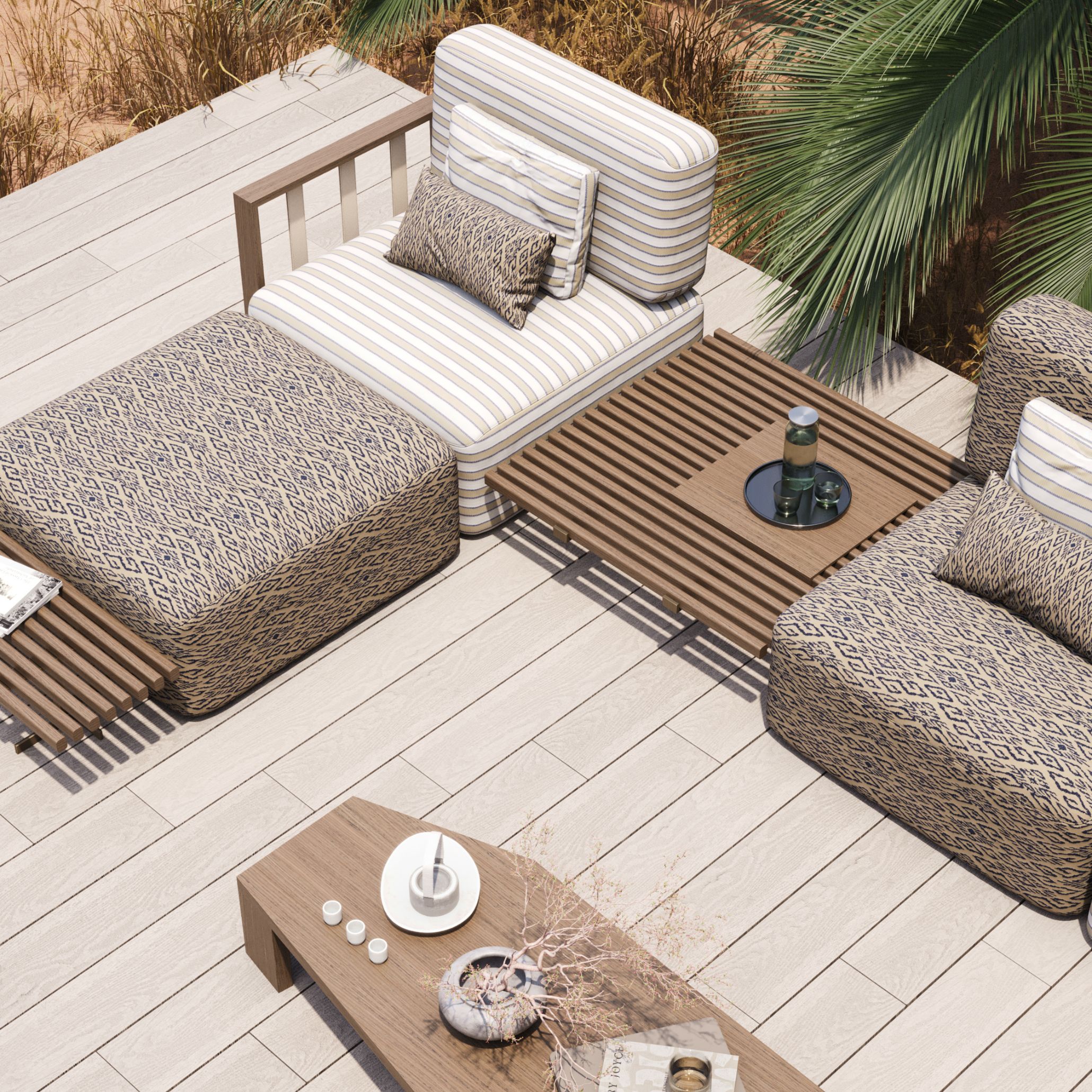A stylish Hamptons Style lounge furnished with the Bespoke Her Sofa, known for its modular structure and sculptural silhouette, and the Ripa Coffee Table with slatted wood surface. Together, they create a refined yet cozy environment perfect for elegant hamptons living.