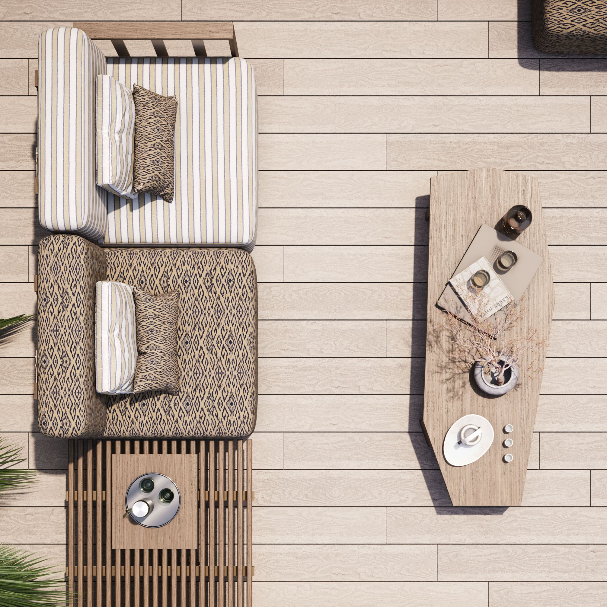 An aerial view of a Hamptons-inspired terrace, centered around the Escarpa Coffee Table in Grey Oak Mate. The table’s robust structure and minimalist design provide visual strength and functional sophistication in an outdoor setting shaped by sun and sea breeze.