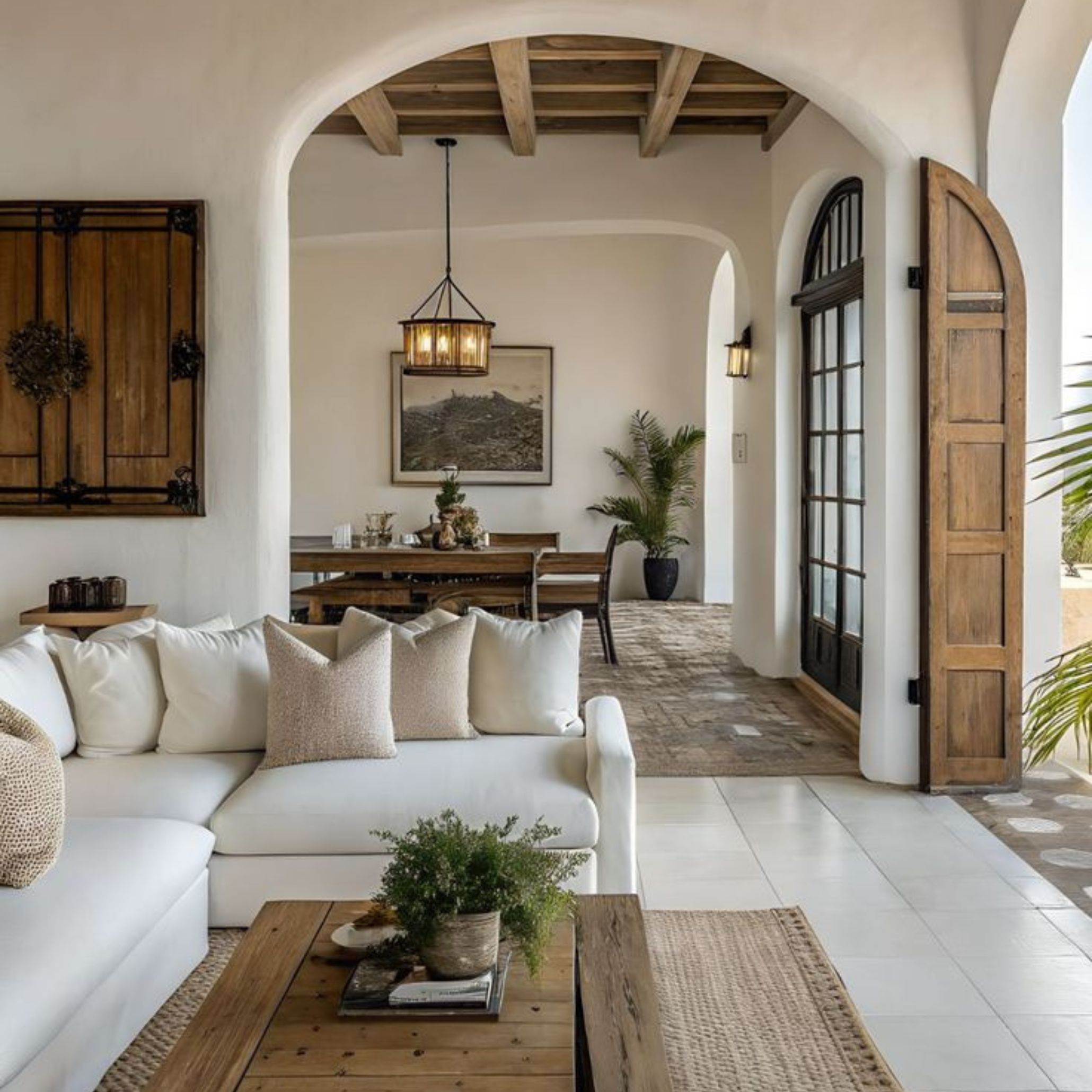 Spacious open-floor Tuscan-inspired interior with whitewashed walls, arched doorways, warm wood accents, and wrought iron details. Natural light floods the space, connecting the indoors with the surrounding countryside through large windows and open access to the exterior.