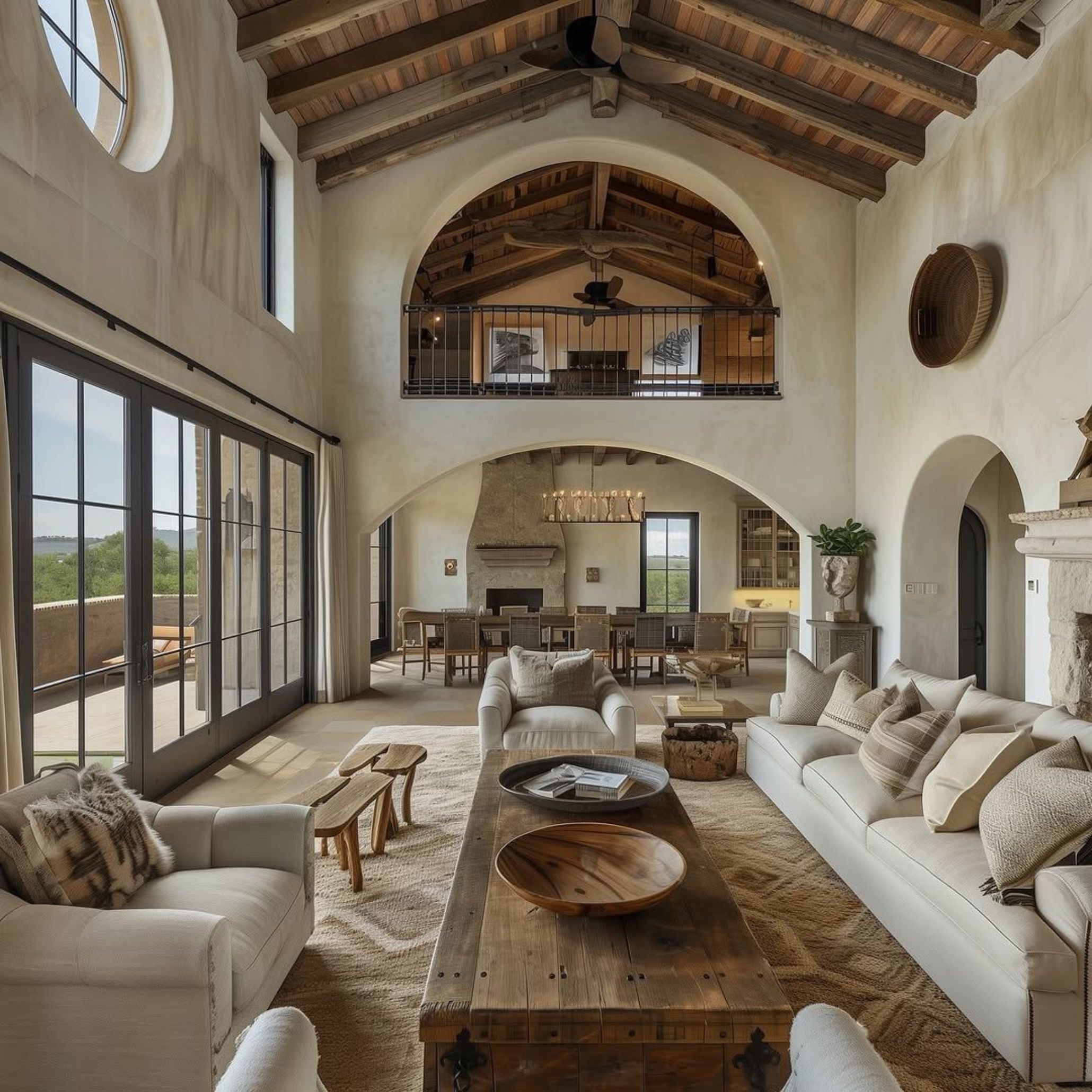 Two-story Tuscan-style open-plan home featuring white walls, exposed wooden beams, iron railings, and soft neutral furnishings. The layout flows organically between levels and spaces, with arched passages and abundant sunlight reinforcing a serene, countryside-inspired atmosphere.