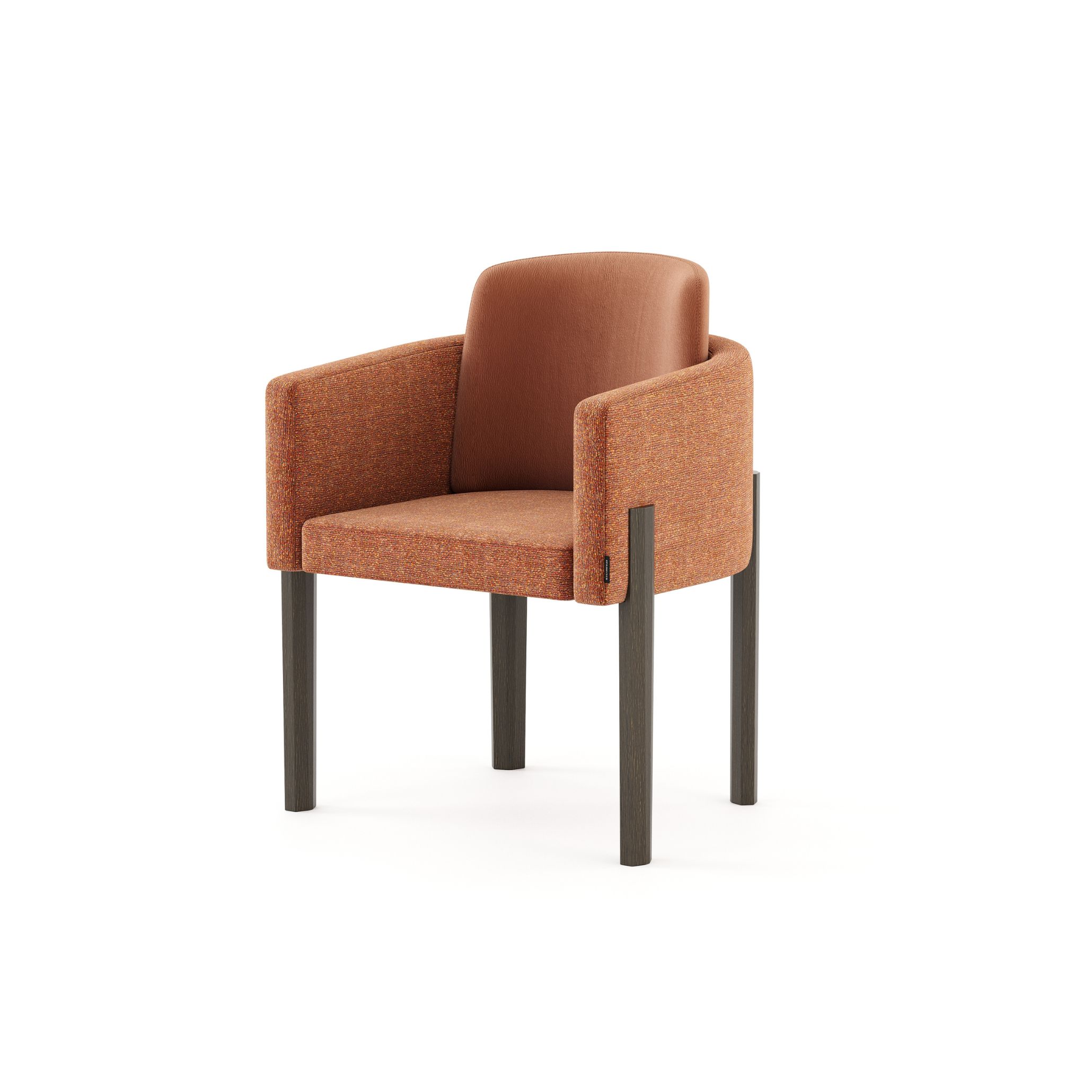 His II chair featuring a sophisticated mix of terracotta-toned leather and fabric upholstery. Its dark brown oak wood legs anchor the design, echoing the earthy hues of Tuscan landscapes and complementing the natural tones of the surrounding interior.