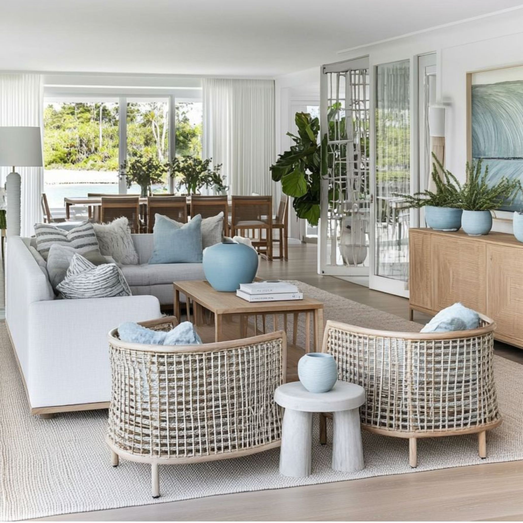 A bright and breezy living room designed in true Hamptons Style House, showcasing the Nancy Meyers Aesthetic through its thoughtful use of natural materials such as woven textures, solid wood furniture, and soft linen upholstery. The space balances modern furniture and organic finishes, creating a coastal interior full of light, comfort, and effortless sophistication.