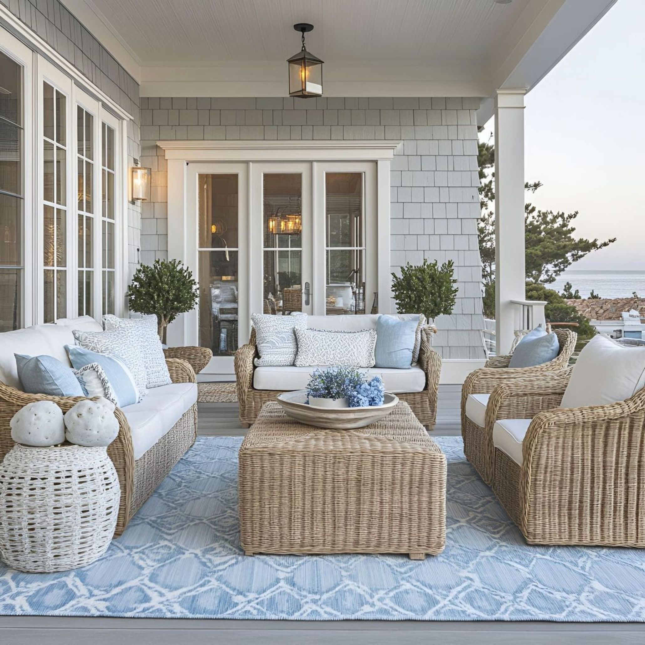 A serene outdoor lounge that embodies the relaxed sophistication of the Nancy Meyers Aesthetic. Featuring armchairs, a soft blue rug, neutral-toned cushions, and natural materials throughout, this coastal exterior setting exudes the Hamptons Style House spirit, casual yet refined, perfect for slow summer afternoons and timeless entertaining.