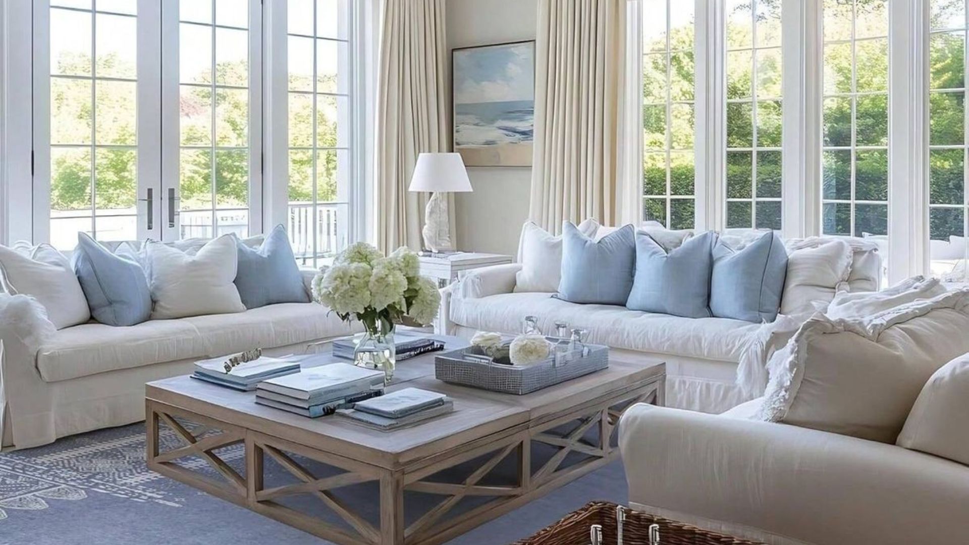 A soft-toned, light-filled living room representing the essence of the Nancy Meyers Style. With its layered textures, luxury coffee table, pastel blue and white accents, and abundant natural light filtering through large-paned windows, this space embodies quiet luxury and the curated comfort that defines the Nancy Meyers Aesthetic Living Room.