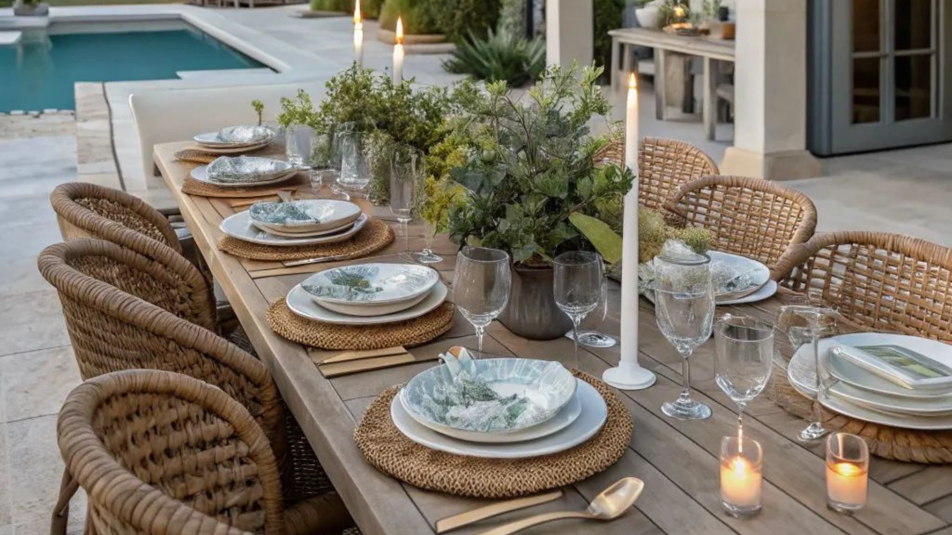 Outdoor dining table setup by the pool featuring rattan chairs in natural tones, woven placemats, white ceramic plates with green leafy patterns, clear glassware, and lush green foliage as a centerpiece. The ambiance is completed with tall white candles and soft orange votives, creating a serene and inviting summer outdoor table setting.